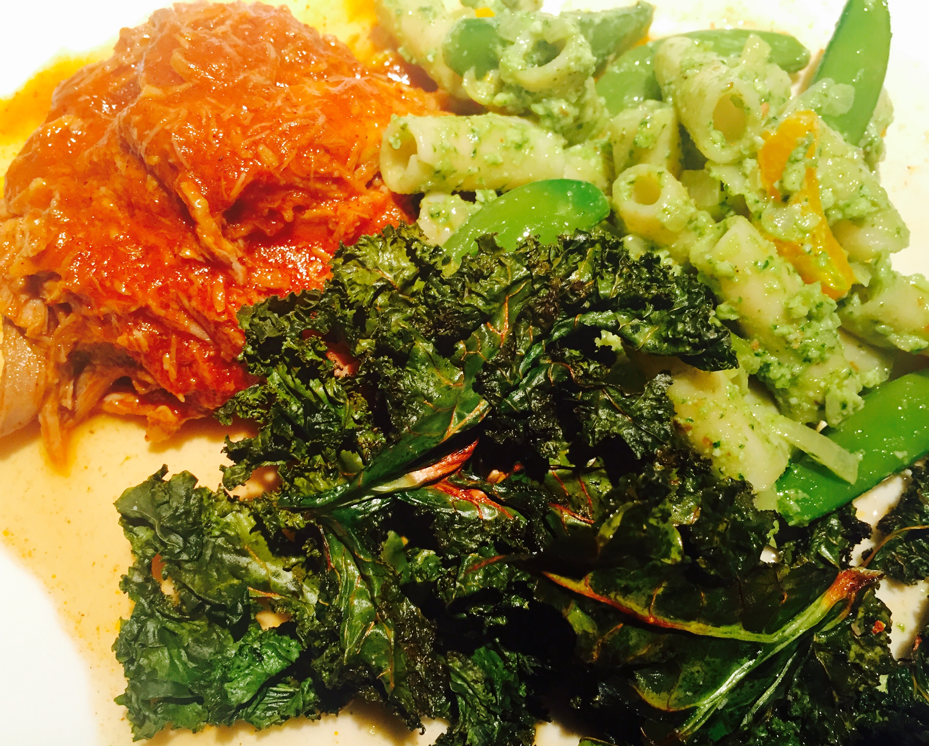 Pulled Pork with Pesto Penne Salad and Kale Chips
