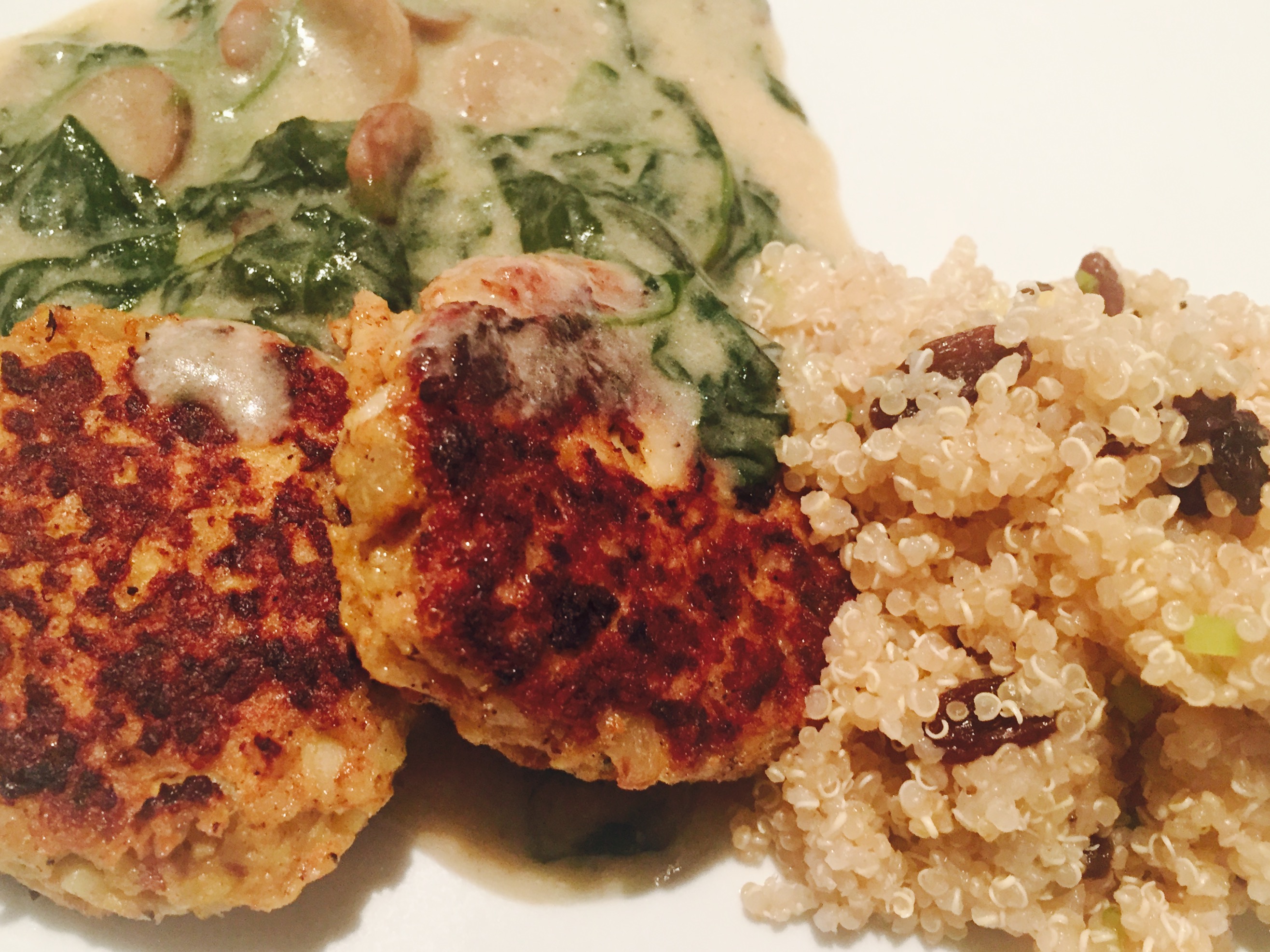 White Fish Croquettes with Mushroom & Spinach Cheese Sauce and Lemon Quinoa