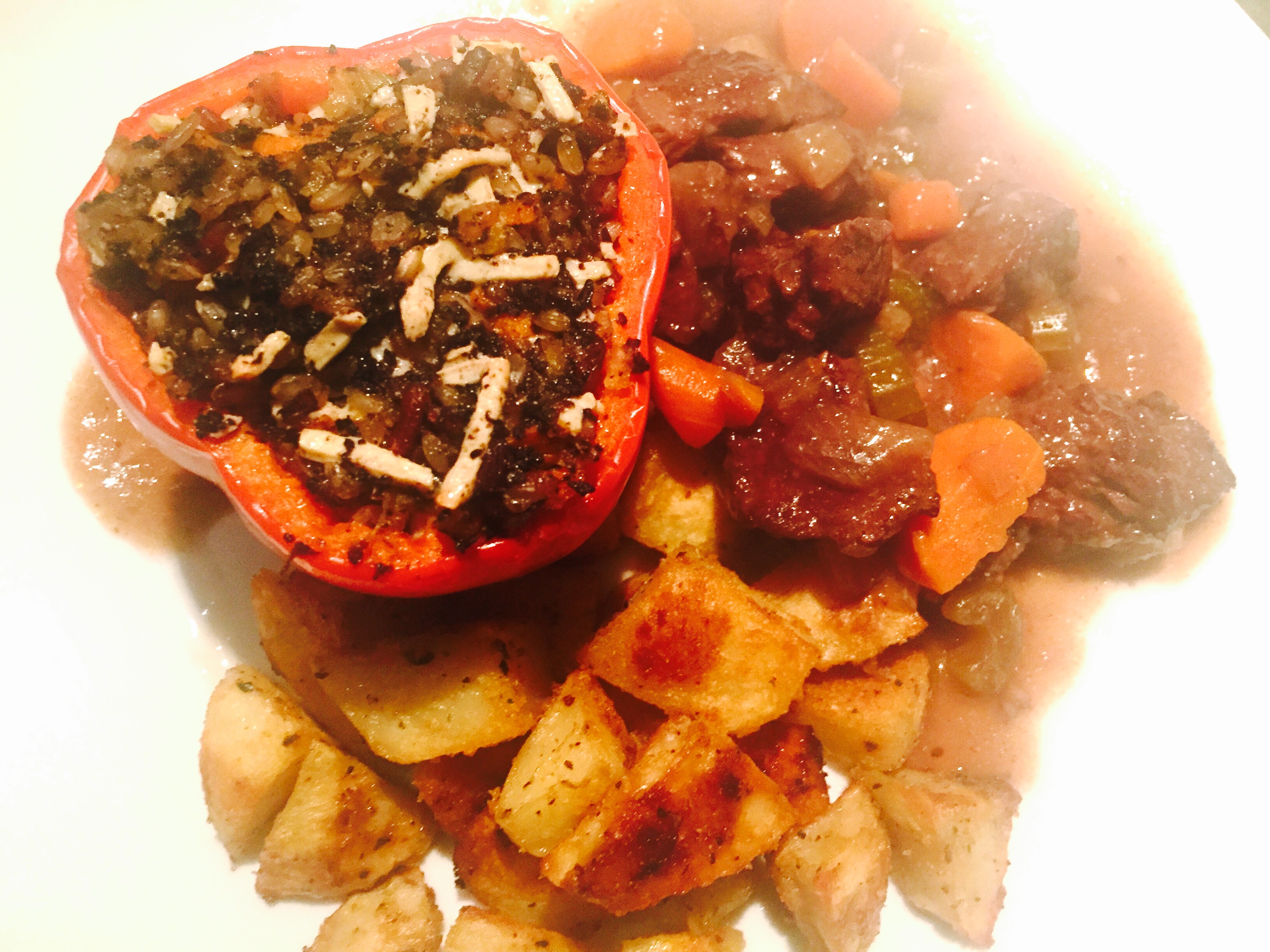 Braised Beef Stew with Mushroom-Stuffed Peppers and Roasted Potatoes