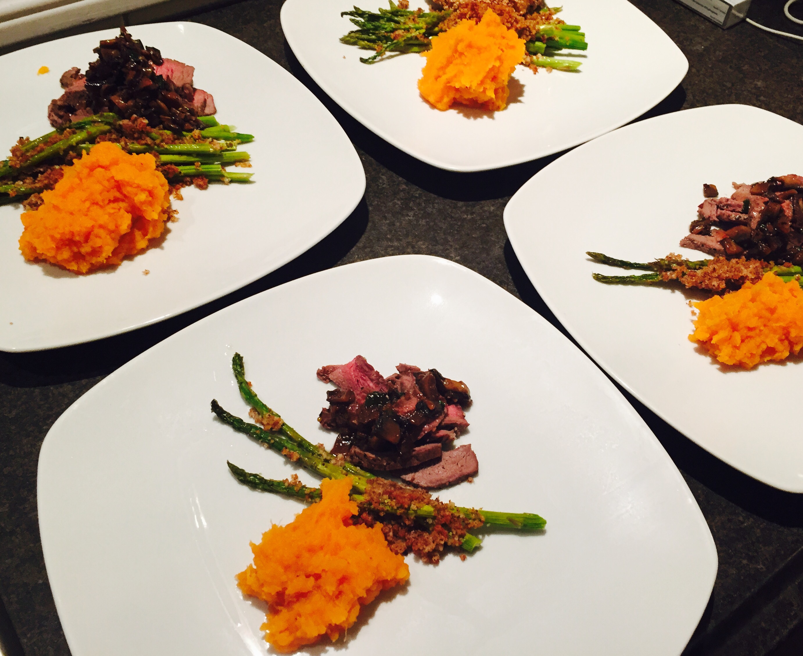 Broiled sirloin with baked asparagus and mashed sweet potatoes