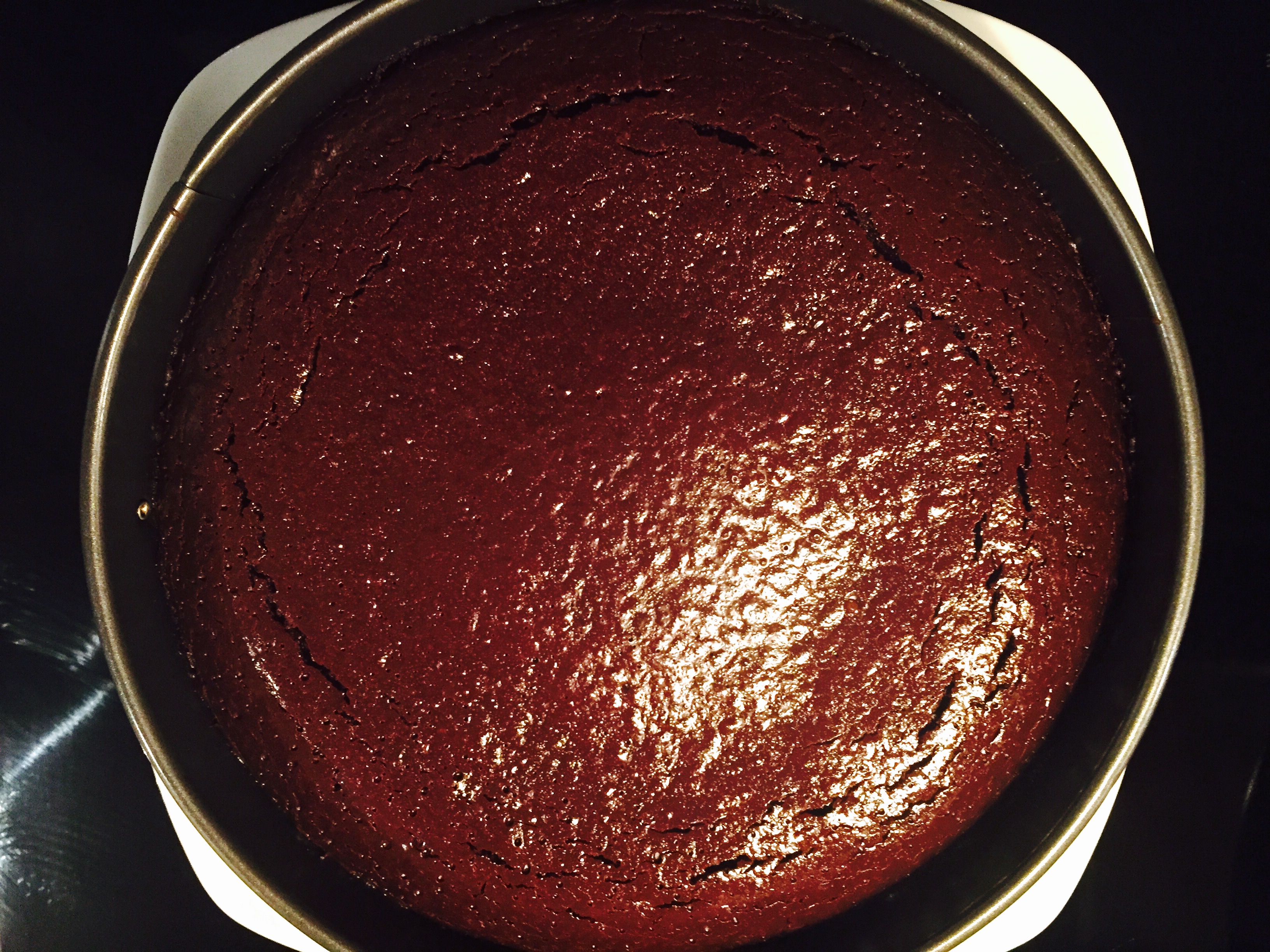 Delicious chocolate torte right out of the oven and ready to chill