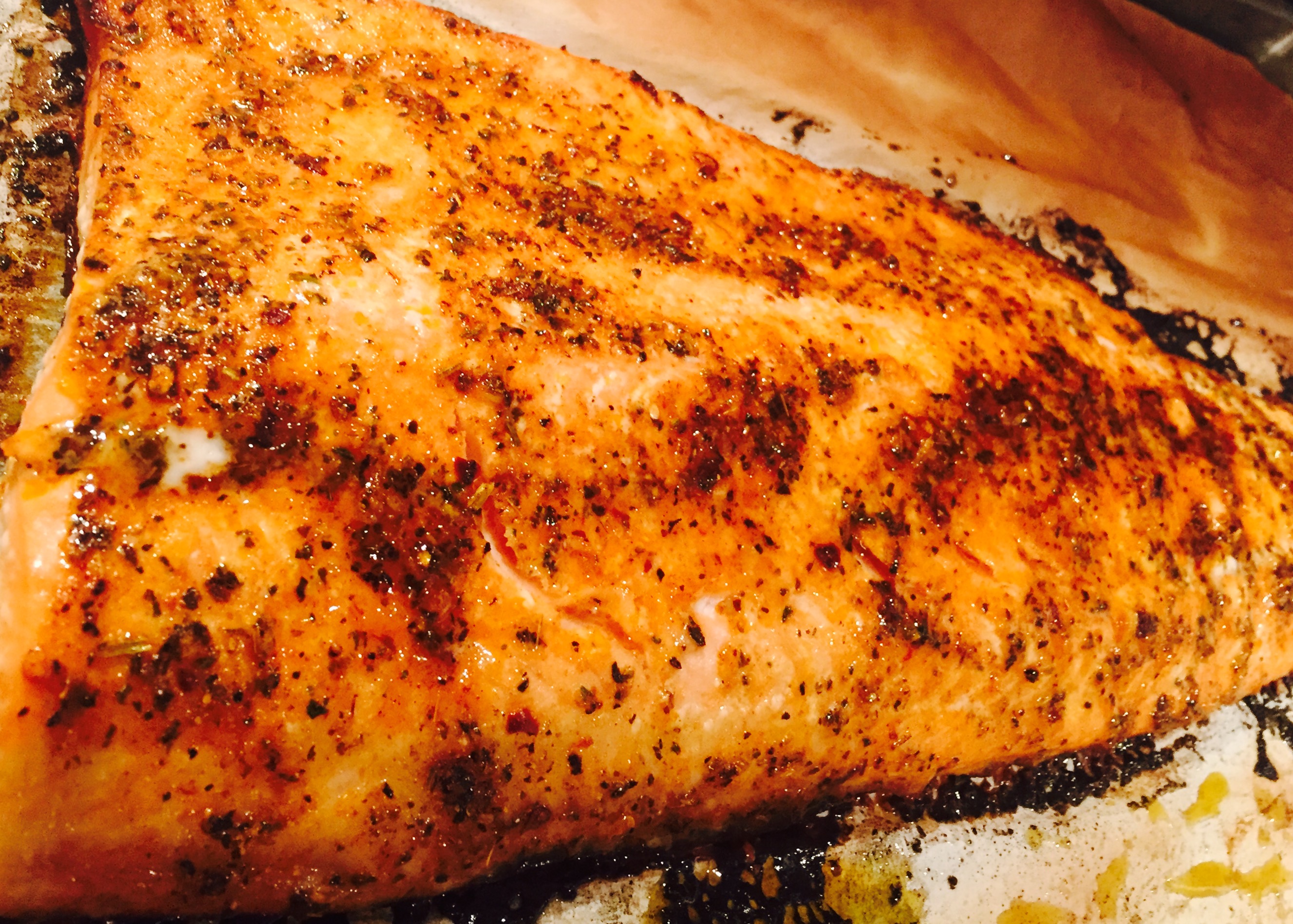 Cajun side of salmon, baked then broiled to perfection