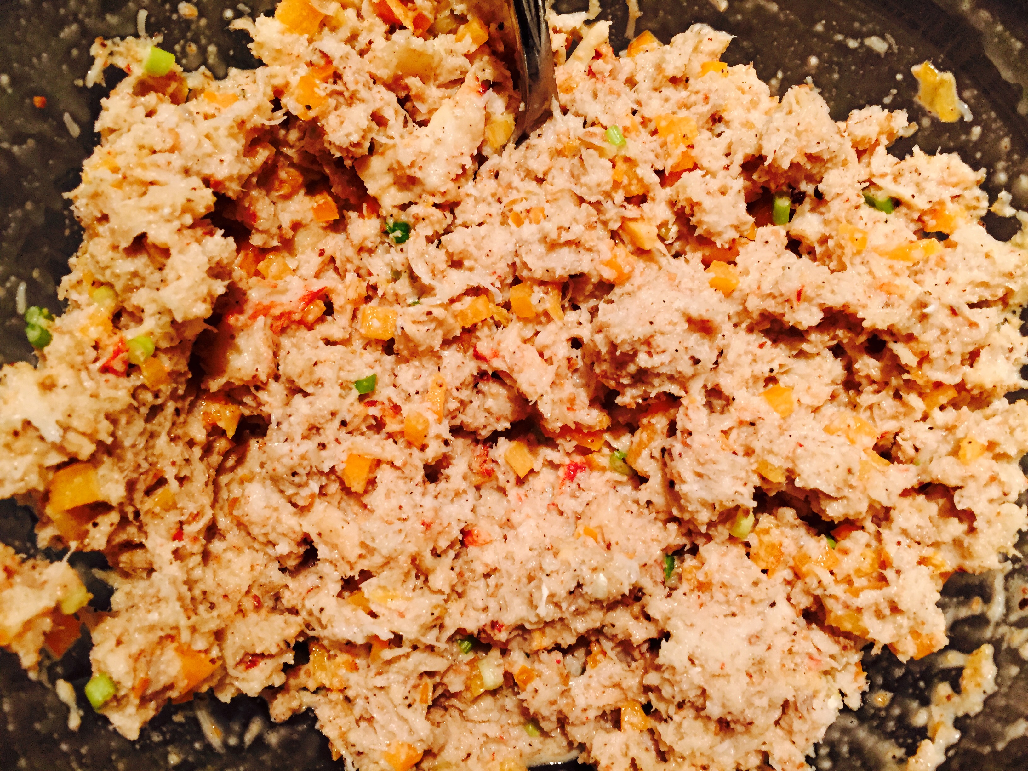 Crab cake mixture ready for the griddle