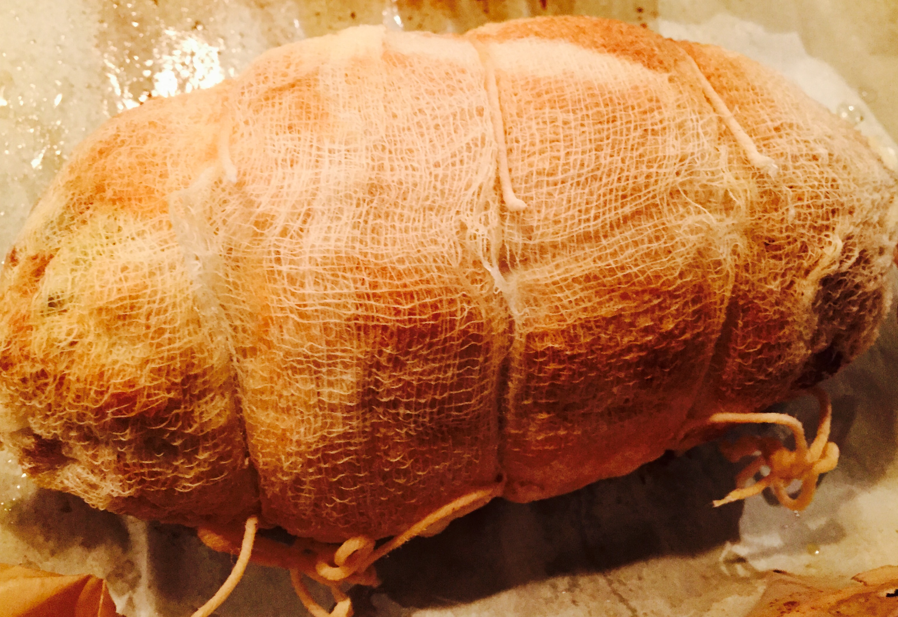 Yummy stuffed turkey breast ready to be unwrapped and served