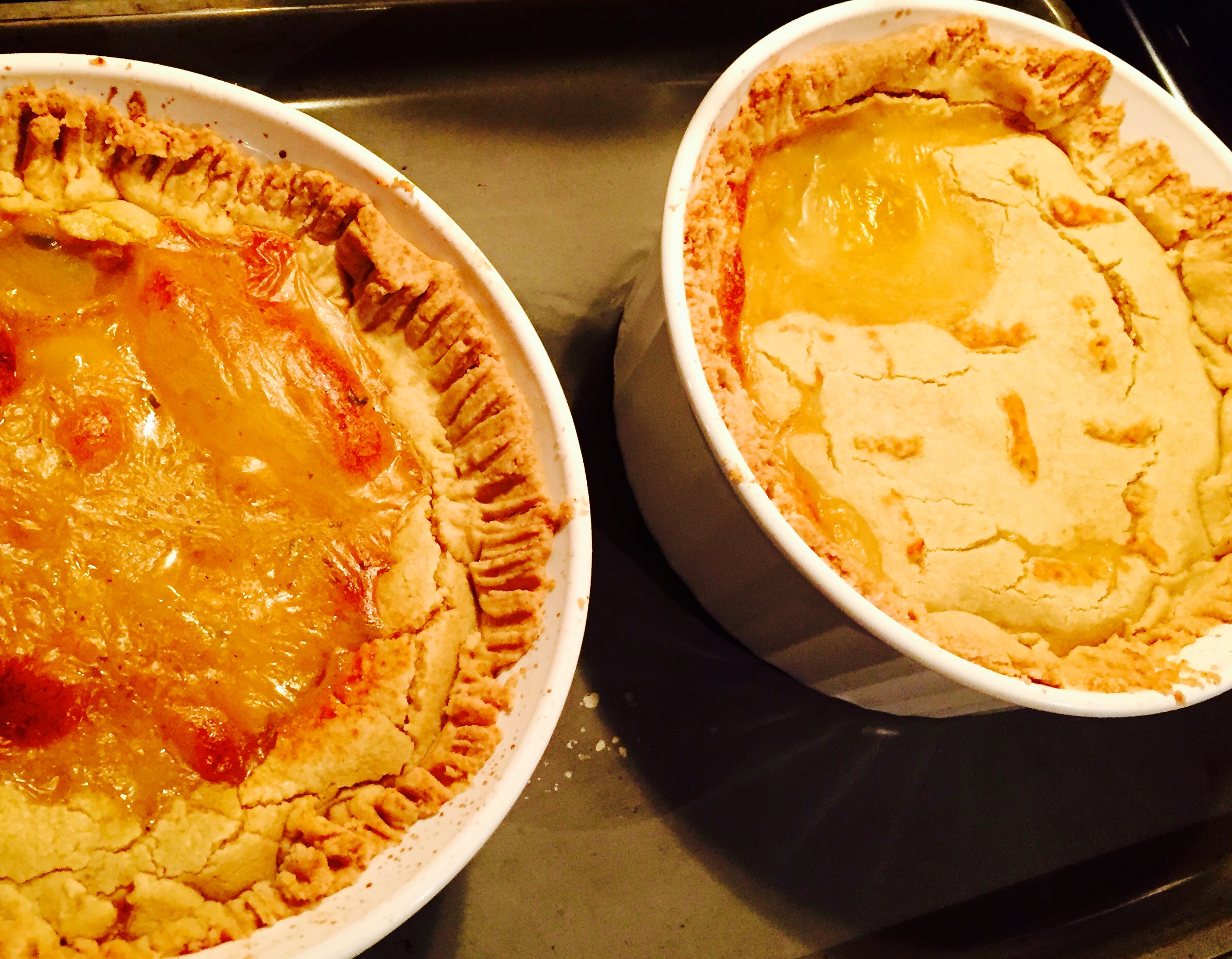 My gluten free chicken pot pie and seafood pot pie both still bubbling from the hot oven