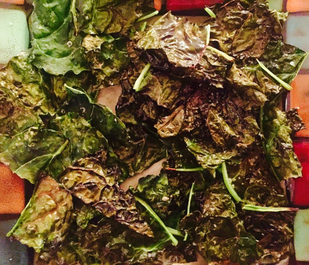 Yummy roasted kale chips with a dash of kosher salt