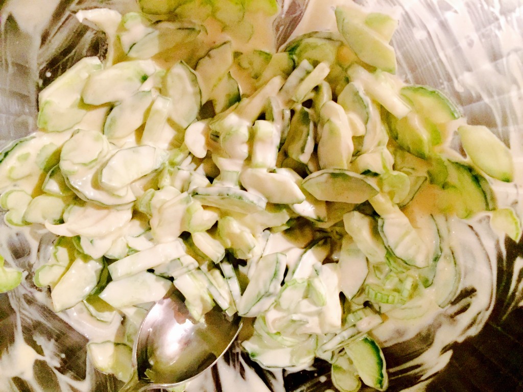 Sliced cucumber and celery salad with a light and refreshing creamy dressing