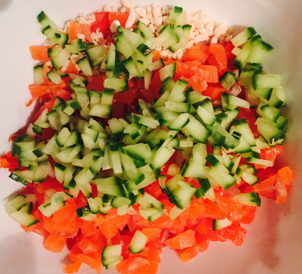 Ingredients for my Smoky Salmon Maki including salmon, smoked salmon, cucumber, green onion, tempura, spicy sauce and spicy mayo