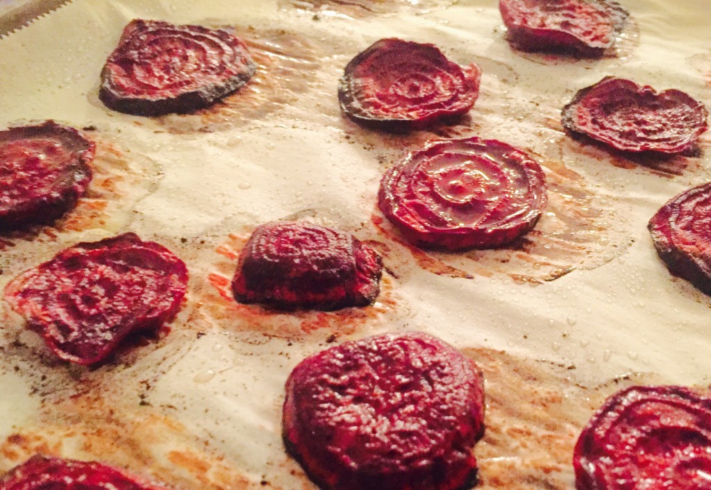 Thickly sliced roasted beets right out of the oven