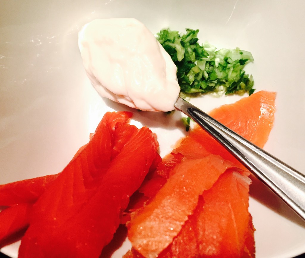 Ingredients for my Twin Salmon maki including salmon, smoked salmon, avocado, green onion, mayo and sesame