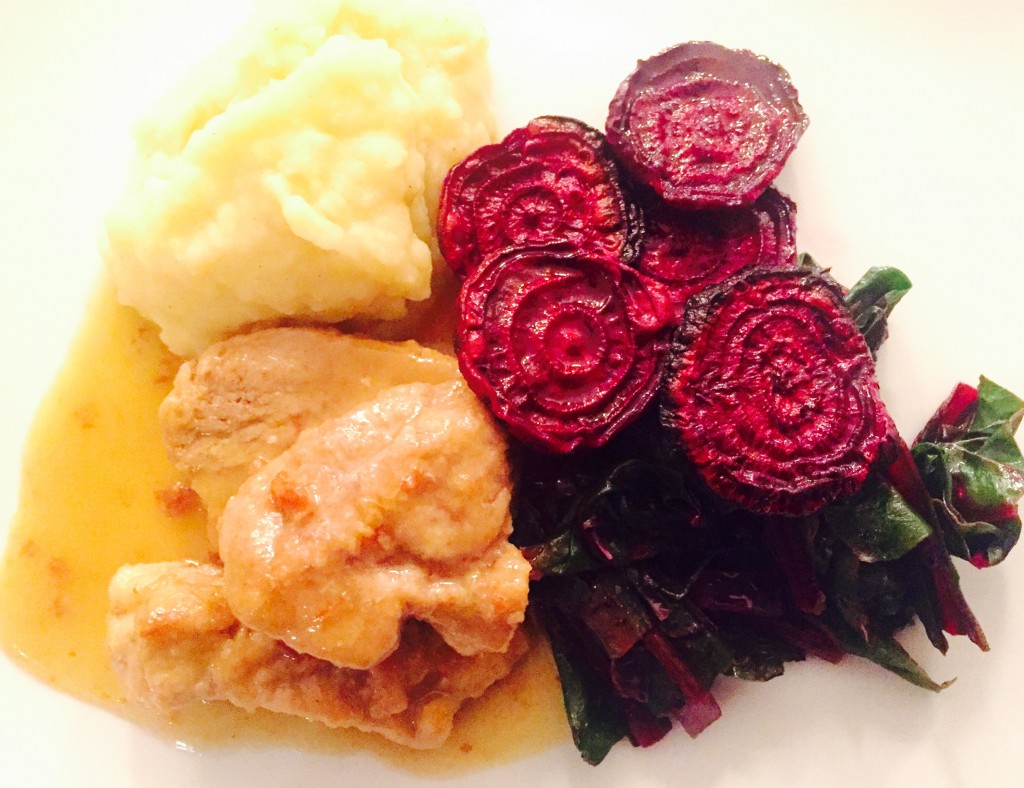 Pork tenderloin with roasted beets, sauteed beet greens and garlic mashed potatoes