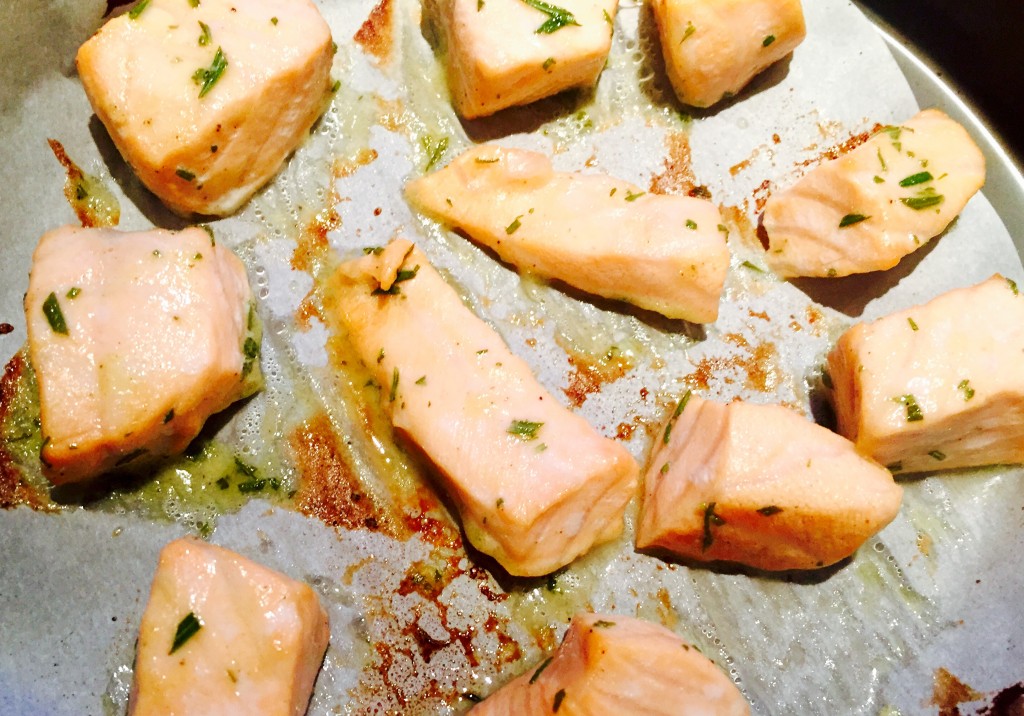 Lovely chunks of salmon seasoned with a dash of cane sugar and some fresh rosemary then broiled until just cooked and super tender