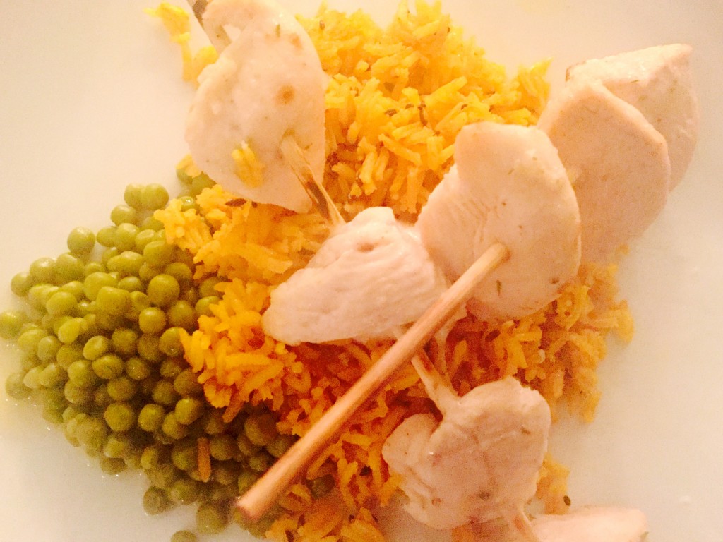 Roasted Chicken Brochette on Turmeric Basmati Pilaf with Buttered Peas