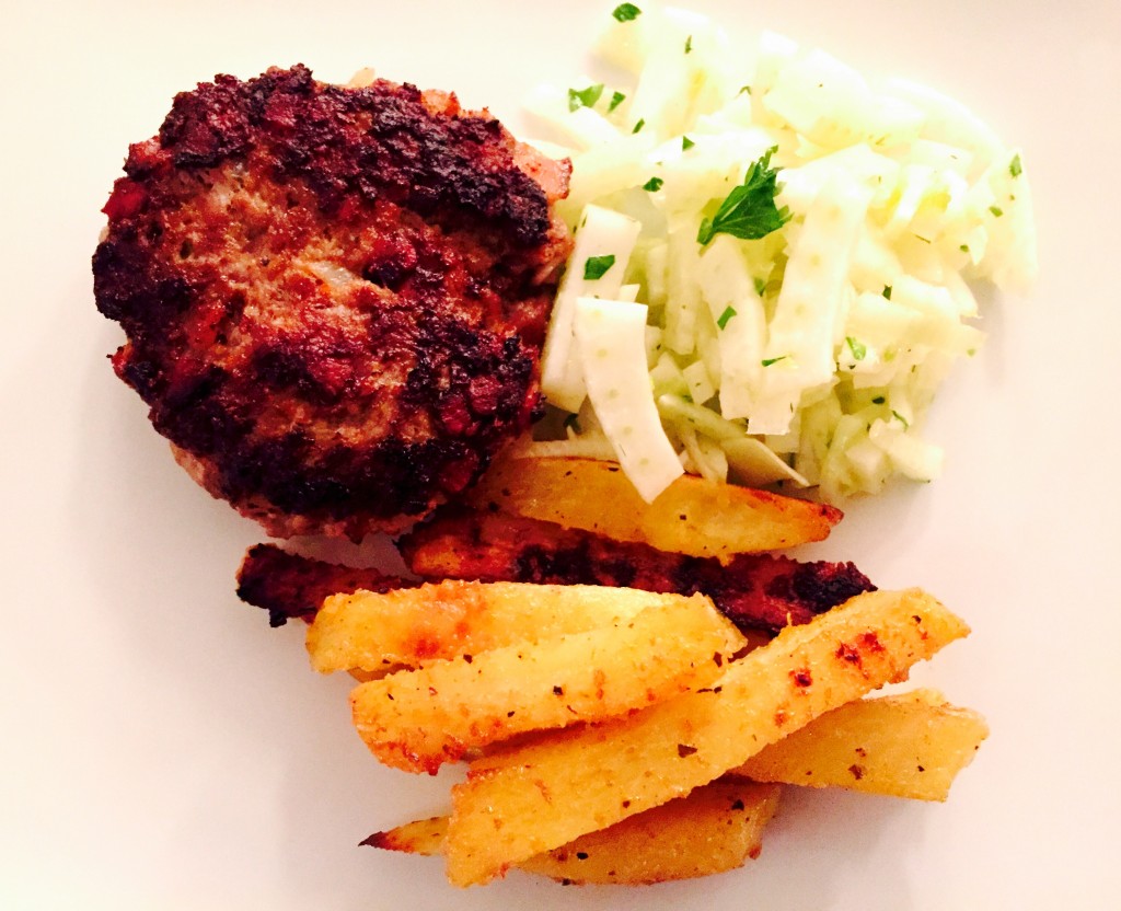 Ground Pork Burgers with Home Fries and Creamy Fennel Salad