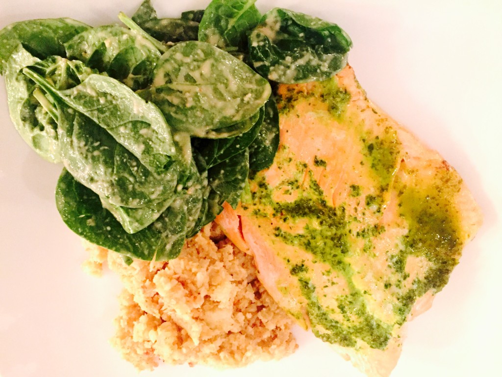 Baked trout with cauliflower rice and spinach salad