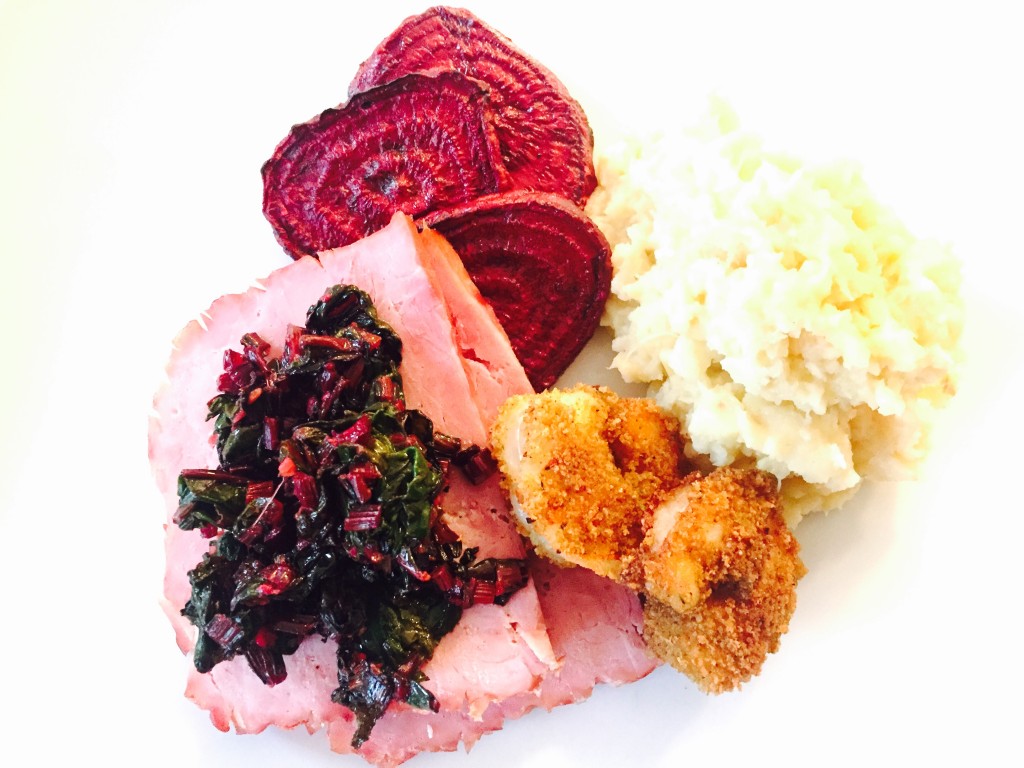 Glazed ham & breaded shrimp with roasted beets and mashed parsnips