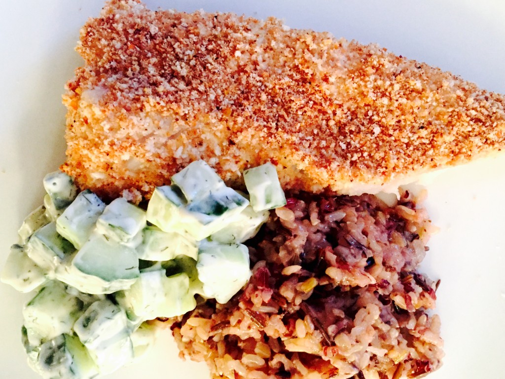 Baked breaded cod with cucumber salad and wild rice