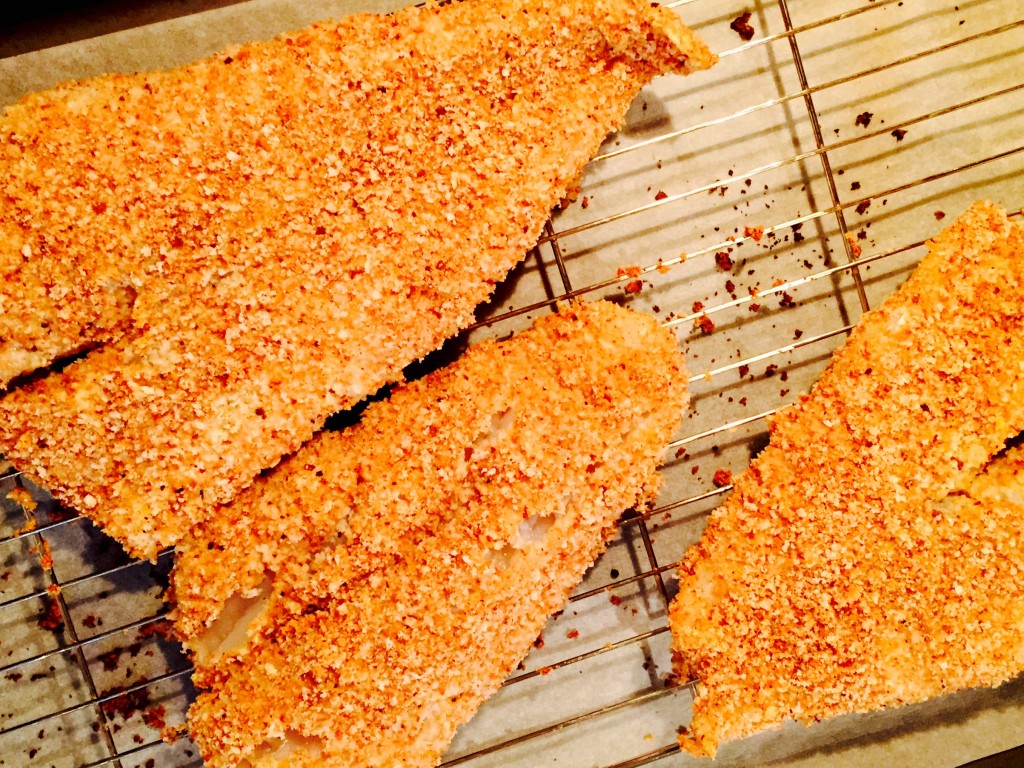 Baked breaded cod covered in gluten free breadcrumbs seasoned with lemon zest, kosher salt and freshly ground black pepper