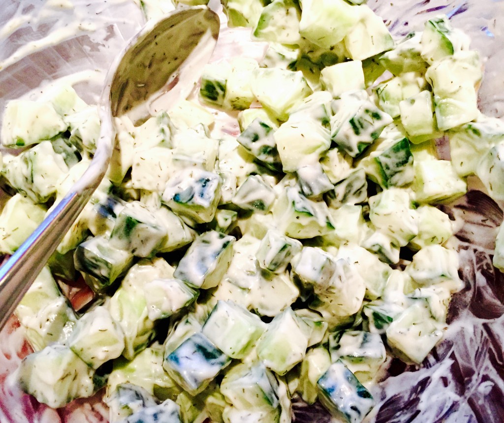 Cubed English cucumber in a dairy free & soy free mayo dressing