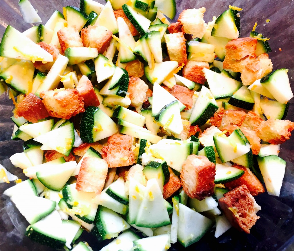 Zucchini with lemon zest and gluten free croutons