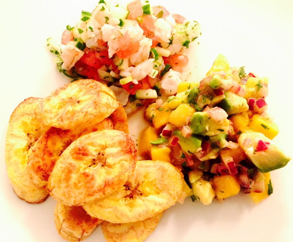 Honduran shrimp ceviche with plantain chips and mango/avocado salsa