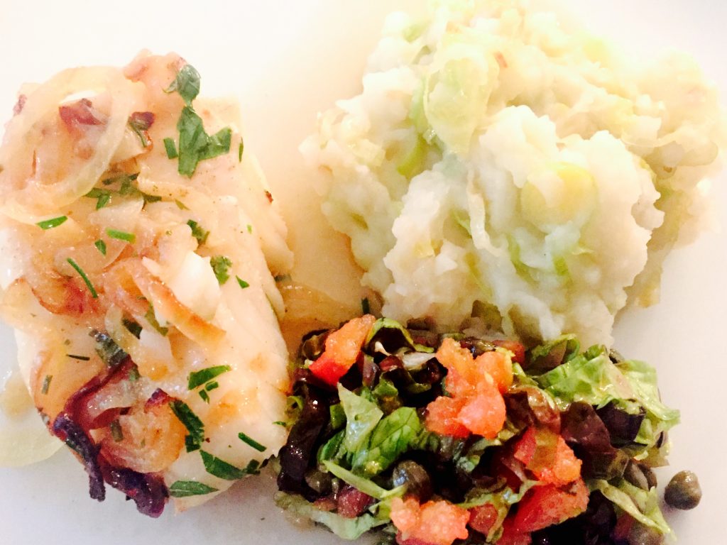 Belgian Stoemp with Flemish baked cod and garden salad