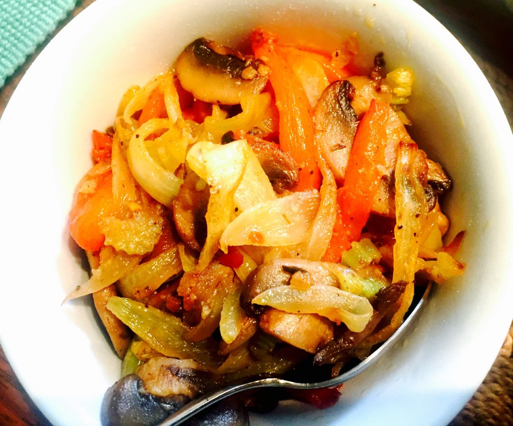 Yummy sauteed onions, peppers and mushrooms for our homemade gluten free sandwich and salad feast