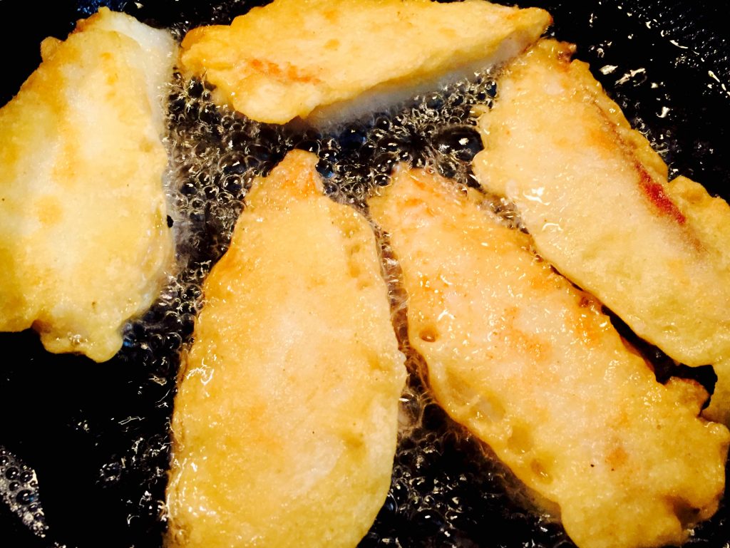 Tilapia filets lightly battered in a gluten free beer mixture, then fried in coconut oil, I'll warn you this is some very yummy stuff!
