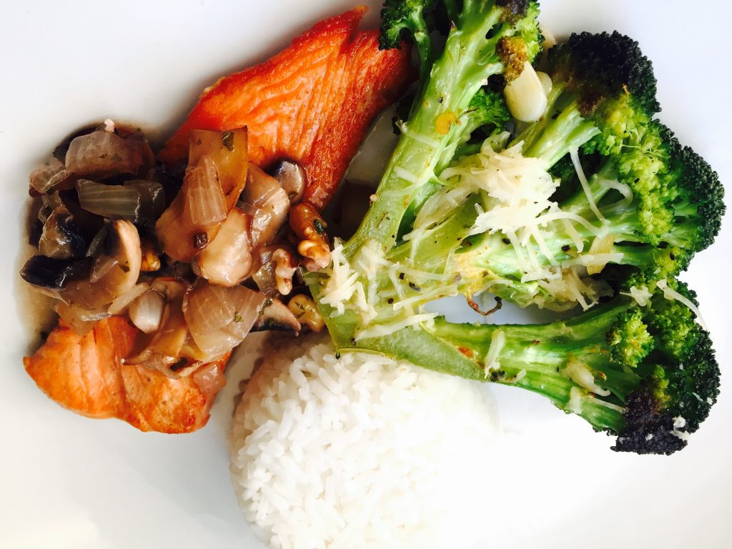 Yummy pan fried trout fillets with roasted broccoli and simple white rice