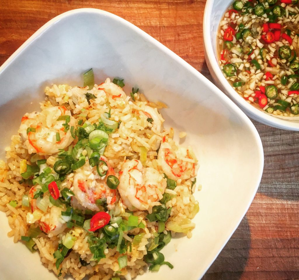 Completely addictive Thai Fried Rice (Khao Pad Goong) with a side of genuine Prik Nam Pla sauce