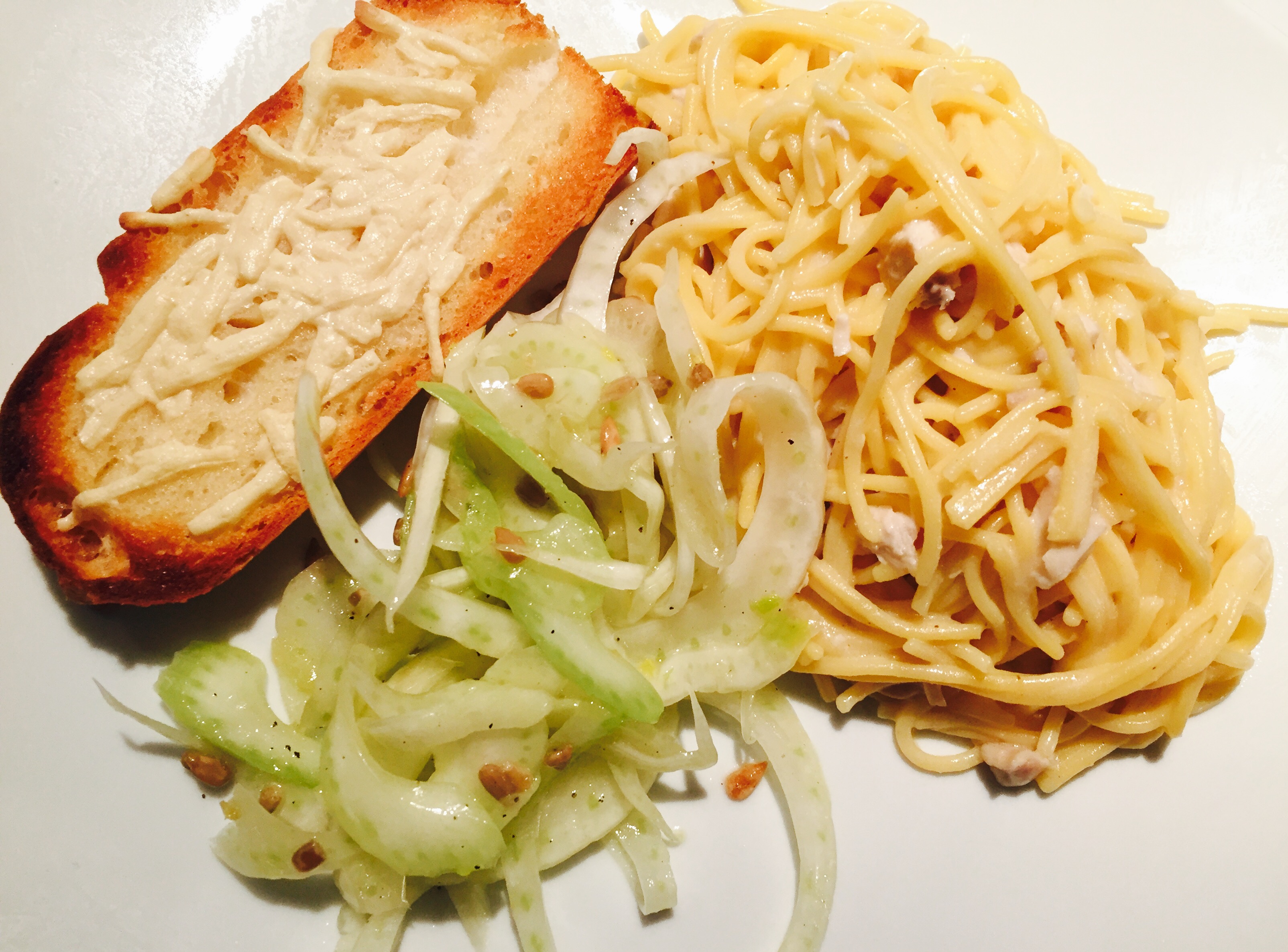 Chicken Spaghettini Alfredo with Fennel Salad and Cheese Baguette