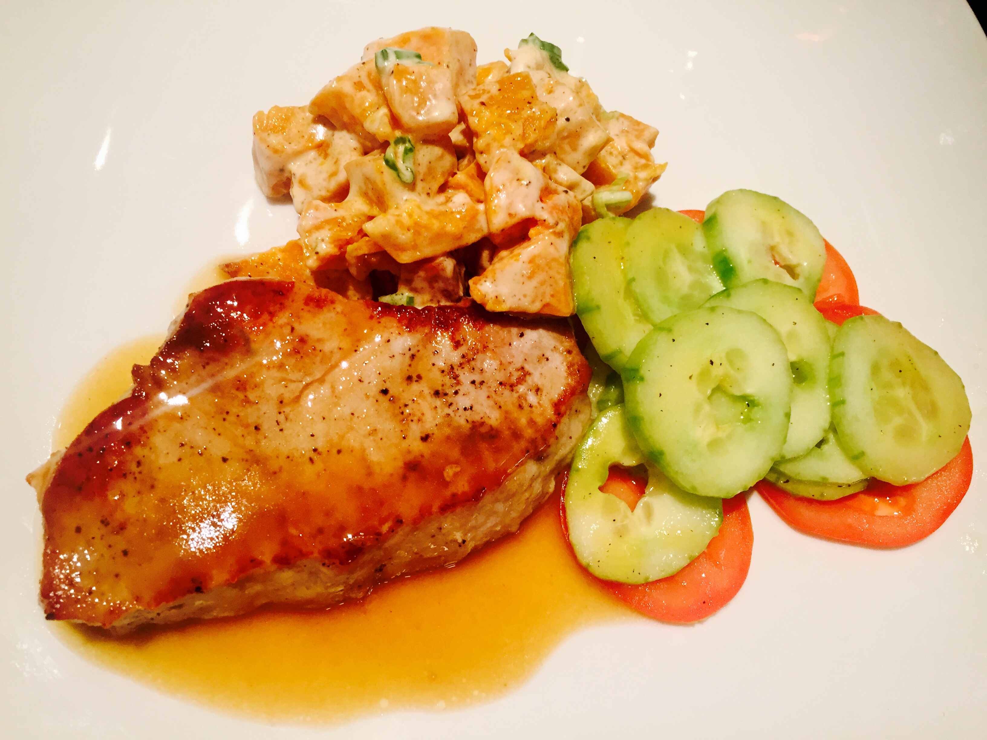 Seared Pork with Roasted Squash Salad and Cucumber-Tomato Medley