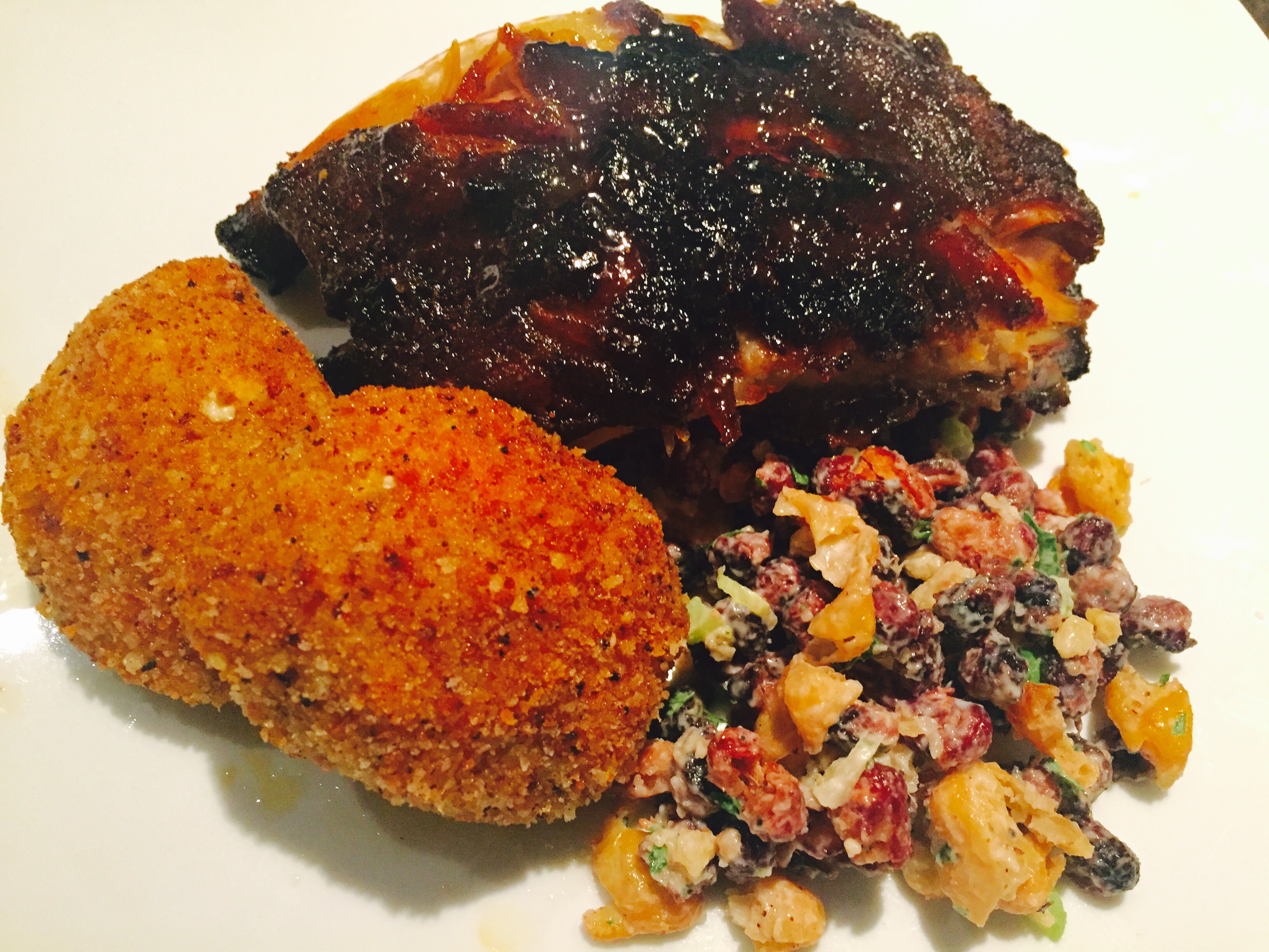 BBQ Baked Ribs with Deepfried Coxinhas and Roasted Bean Salad