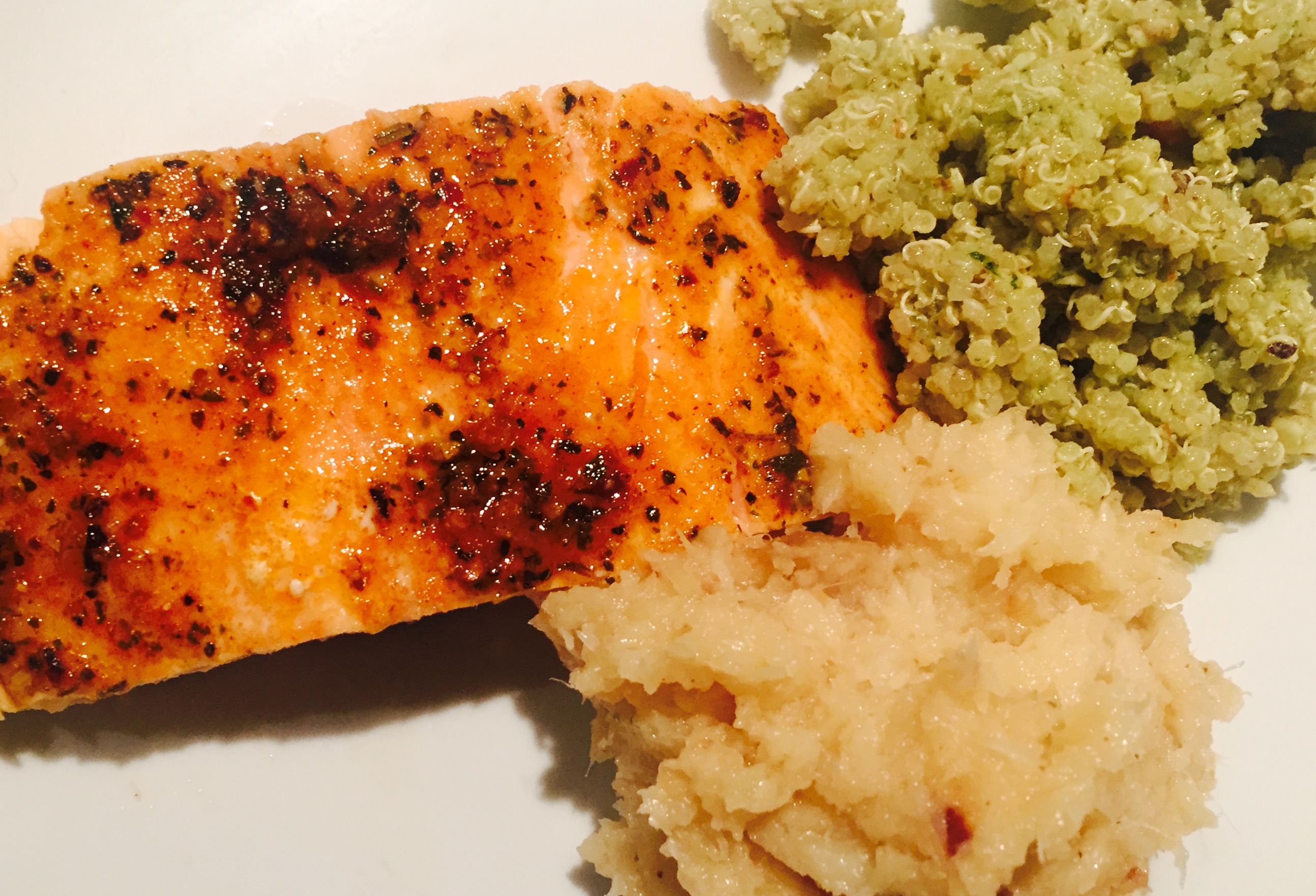 Broiled Salmon with Mashed Parsnips and Pesto Quinoa