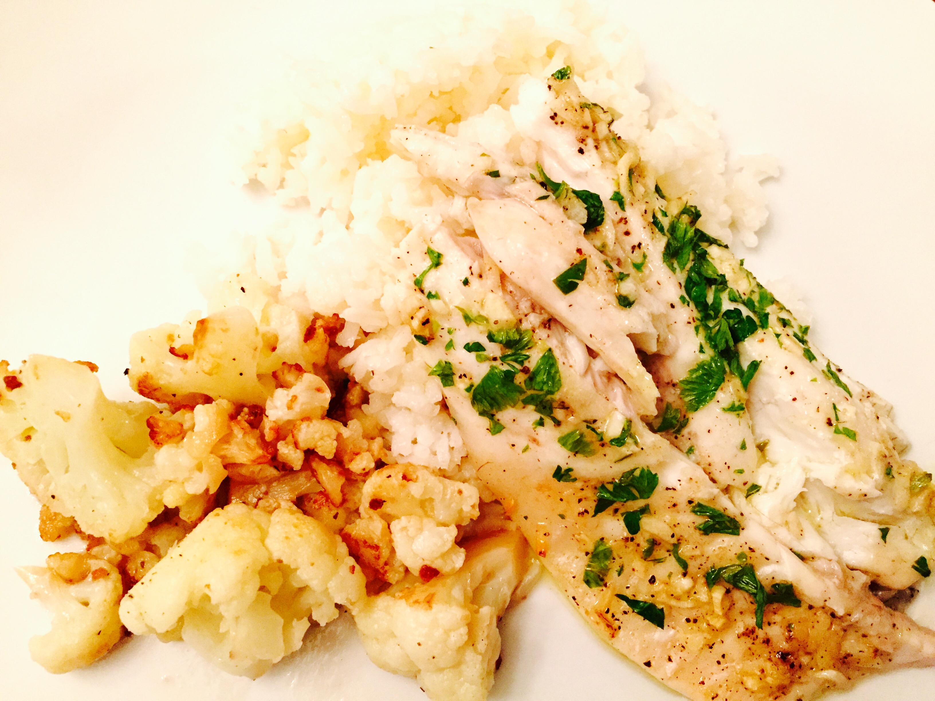 Baked Sea Bass with Sautéed Cauliflower and Jasmine Rice