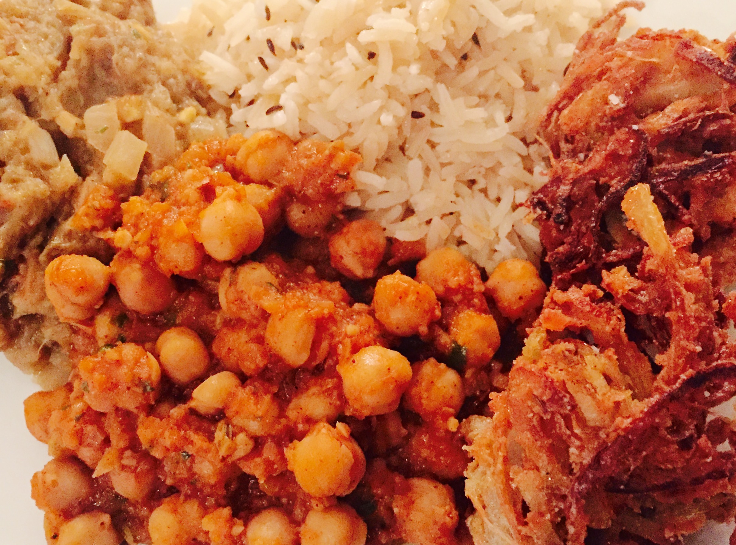 Chana Masala & Baingan Bharta with Onion Bhaji and Basmati Rice