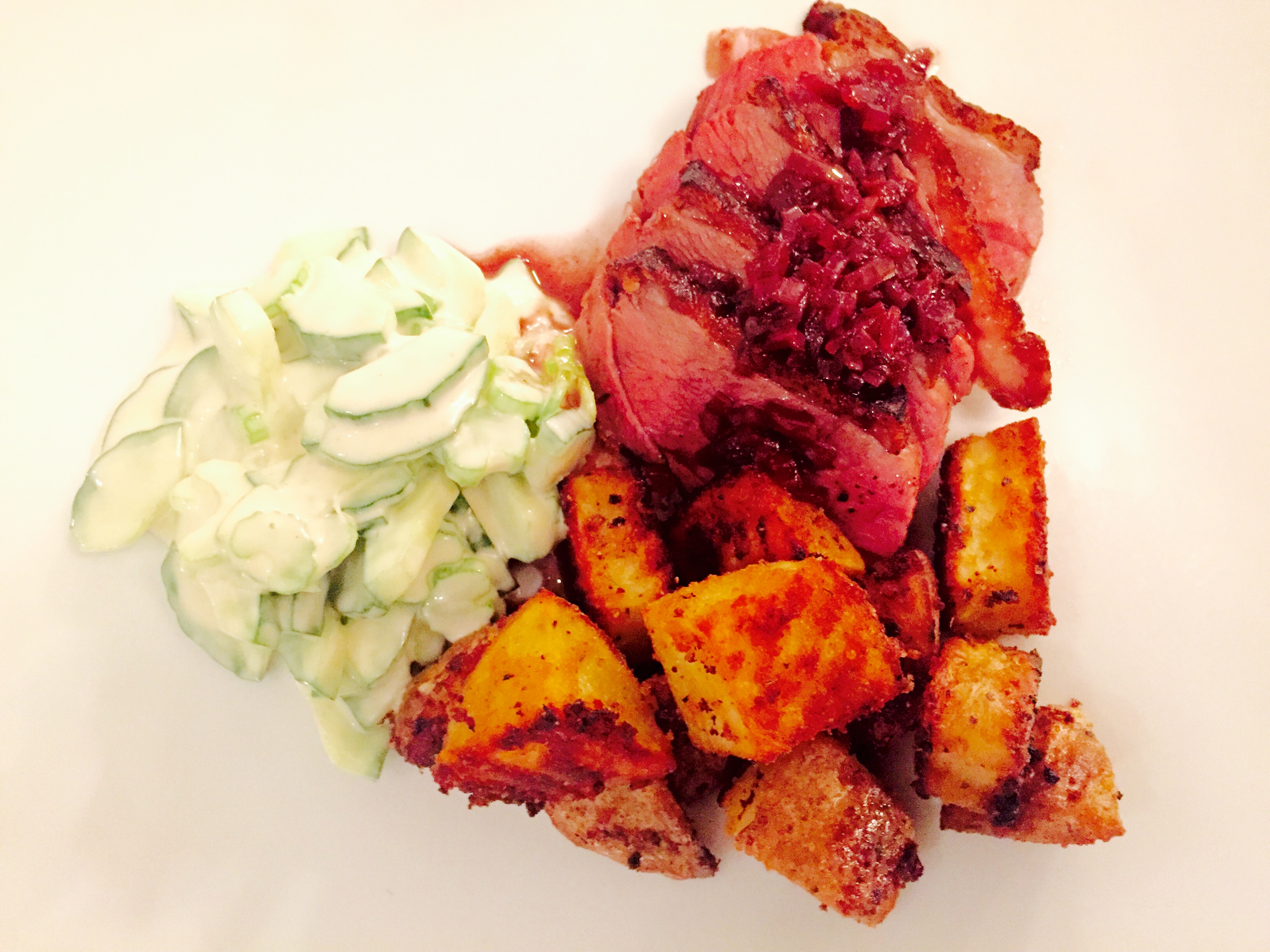 Duck Breast with Roasted Potatoes and Cucumber Salad