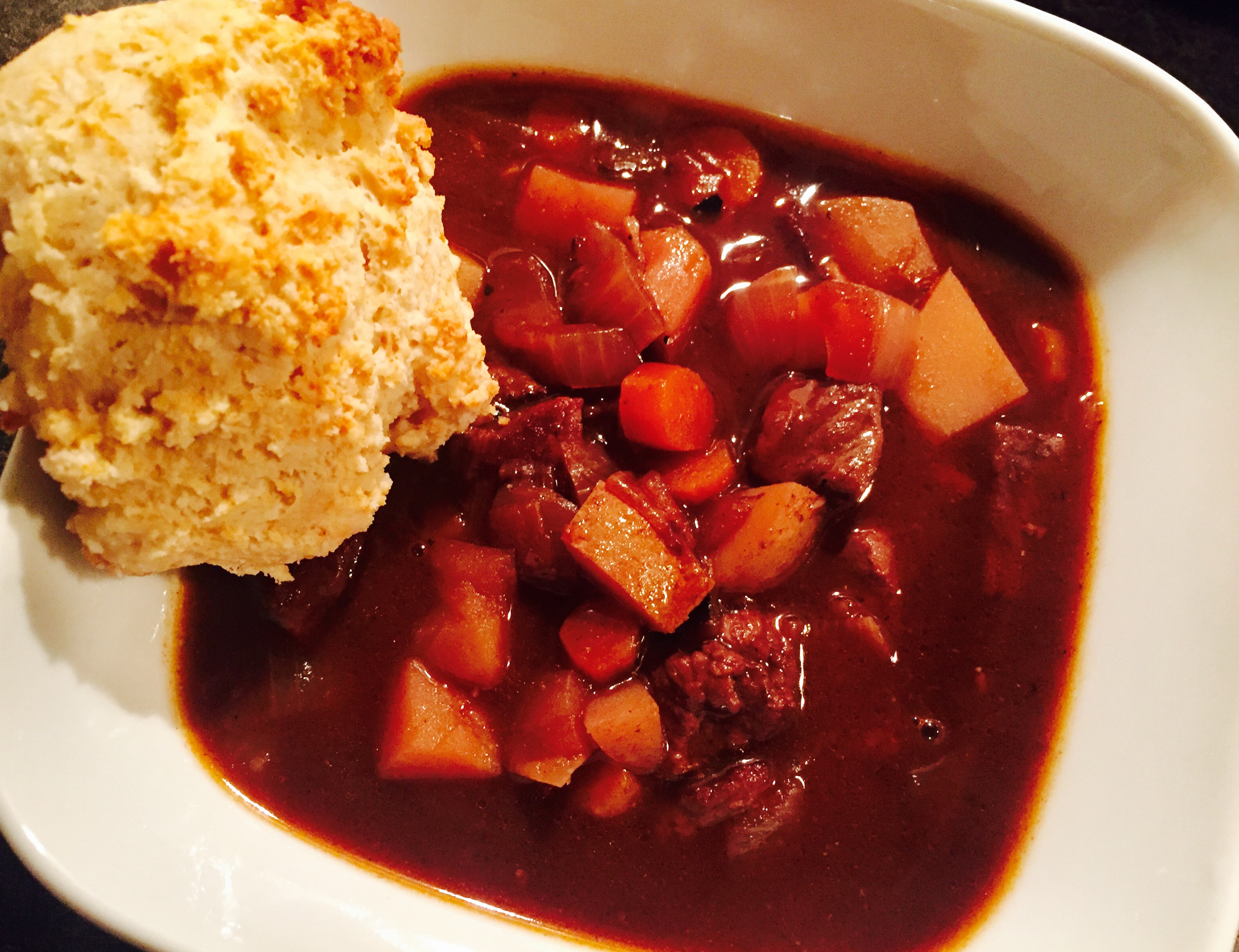 Braised beef stew with gluten free biscuits