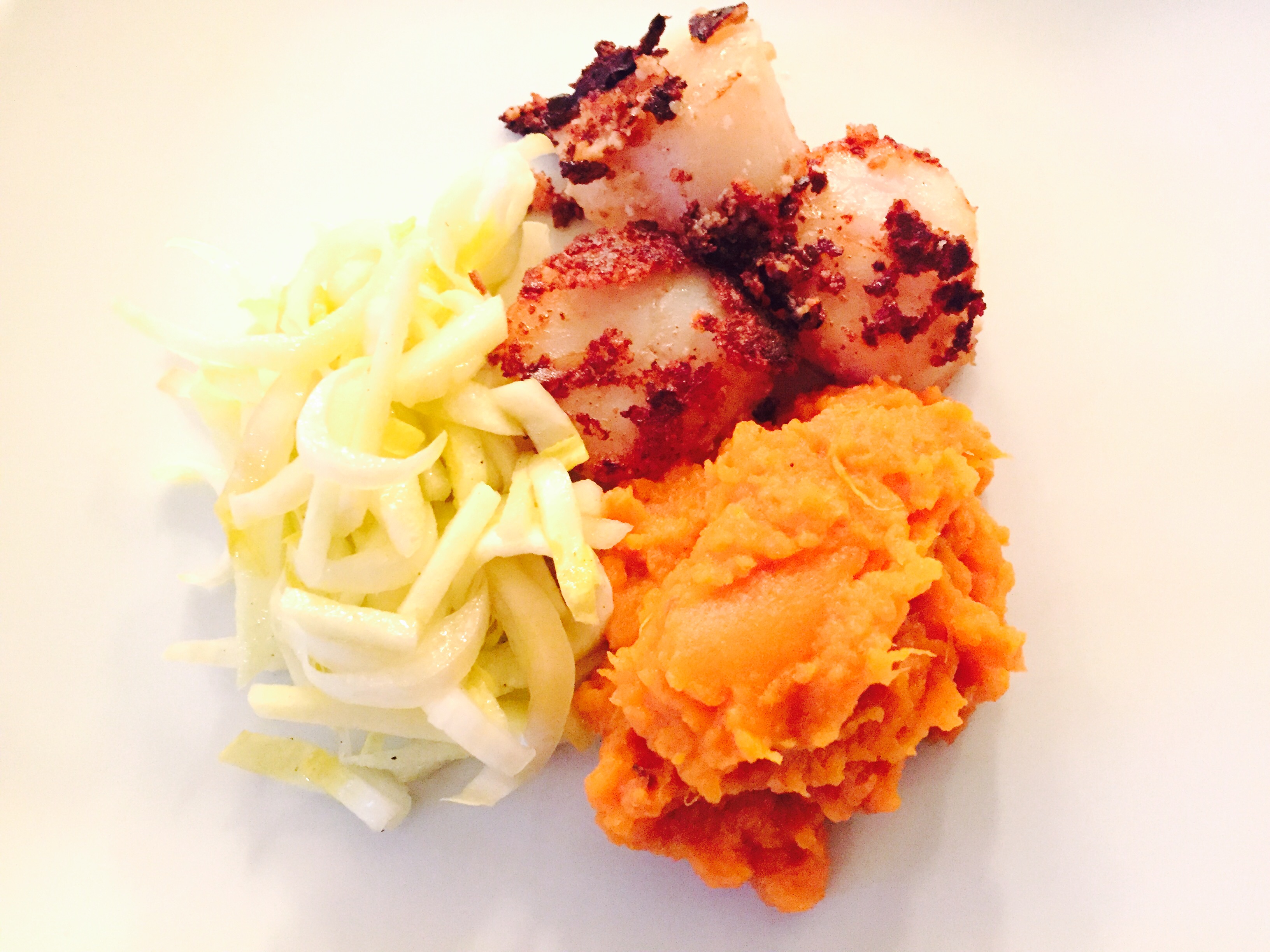Lemon butter breaded scallops with sun dried tomato & sweet potato puree and apple endive coleslaw