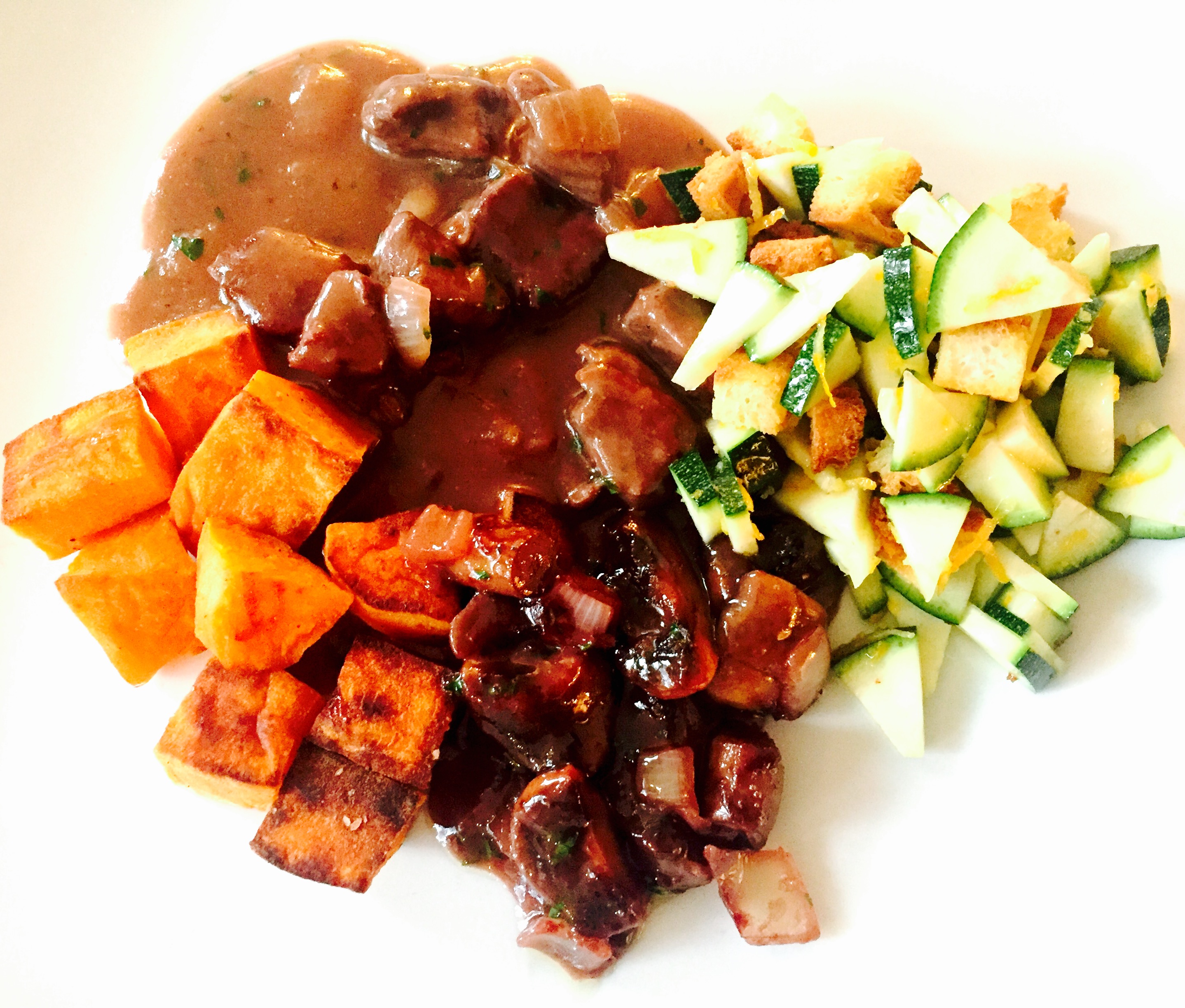 Braised beef & braised mushrooms with zucchini salad and roasted sweet potatoes