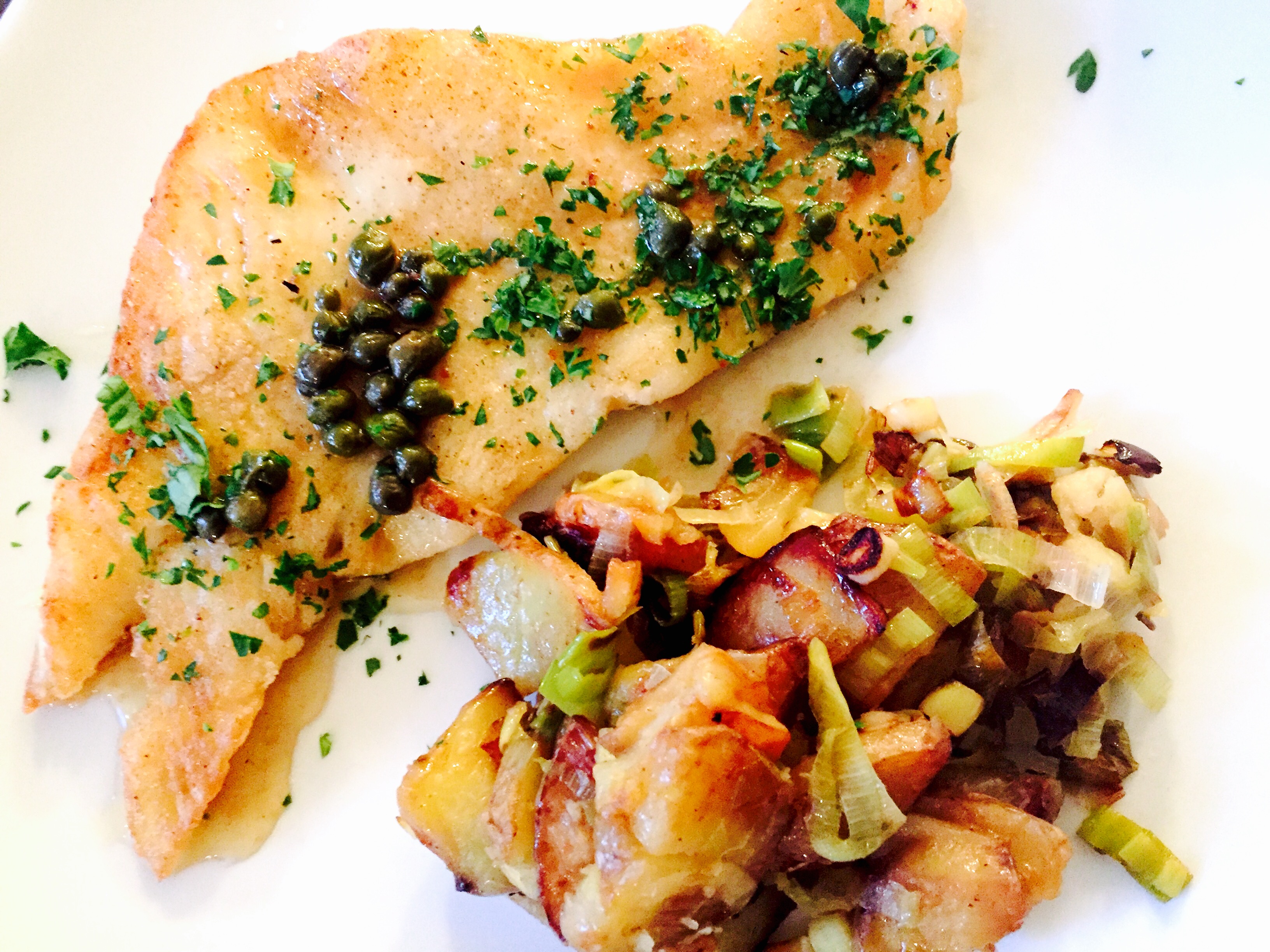 Delicious sole meuniere with a hearty side if my leek & potato hash