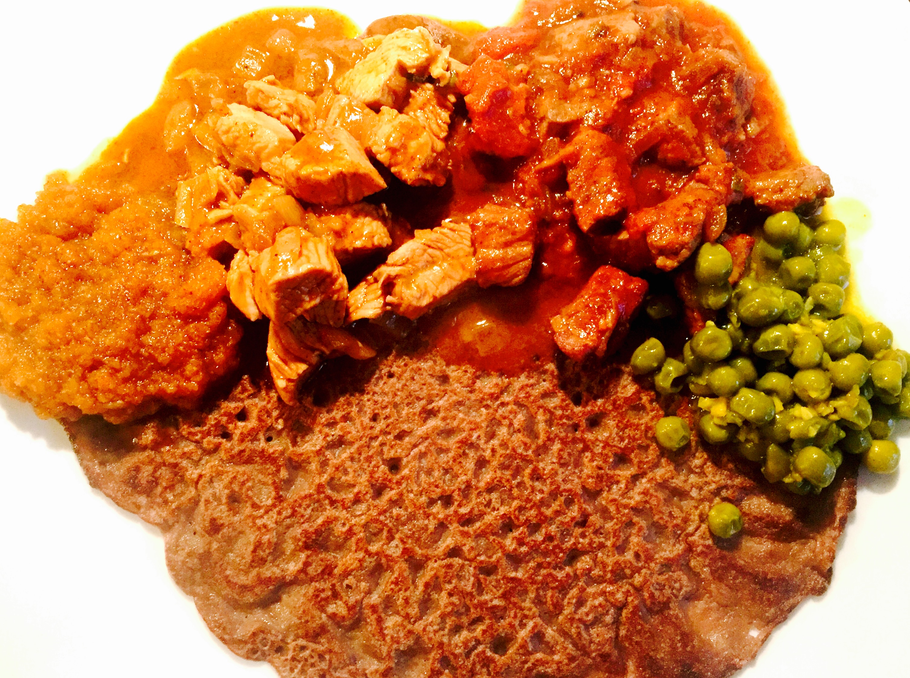 Eritrean Injera with Zigni, Dorho Tsebhi, Alicha and Shiro