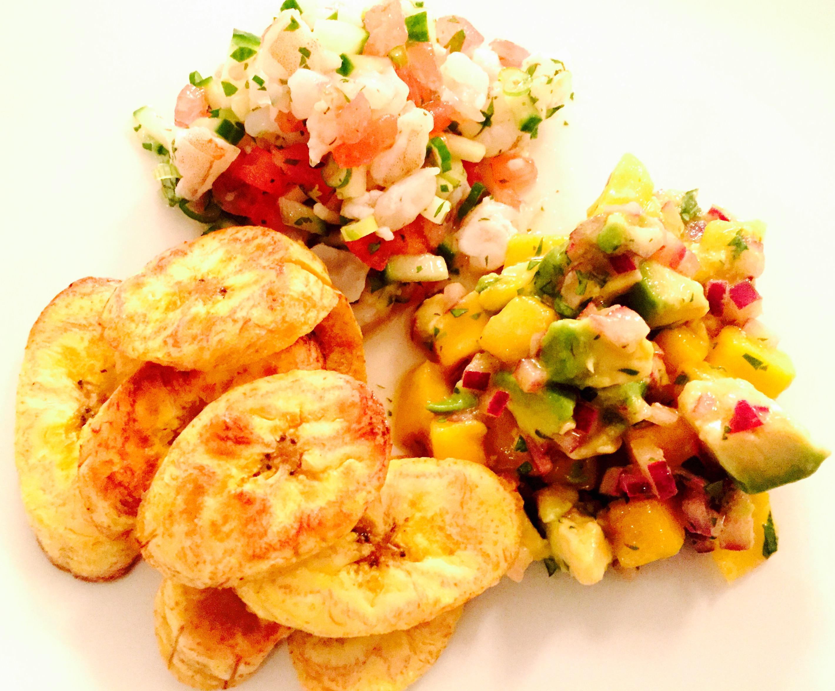 Honduran shrimp seviche with plantain chips and mango/ avocado salsa