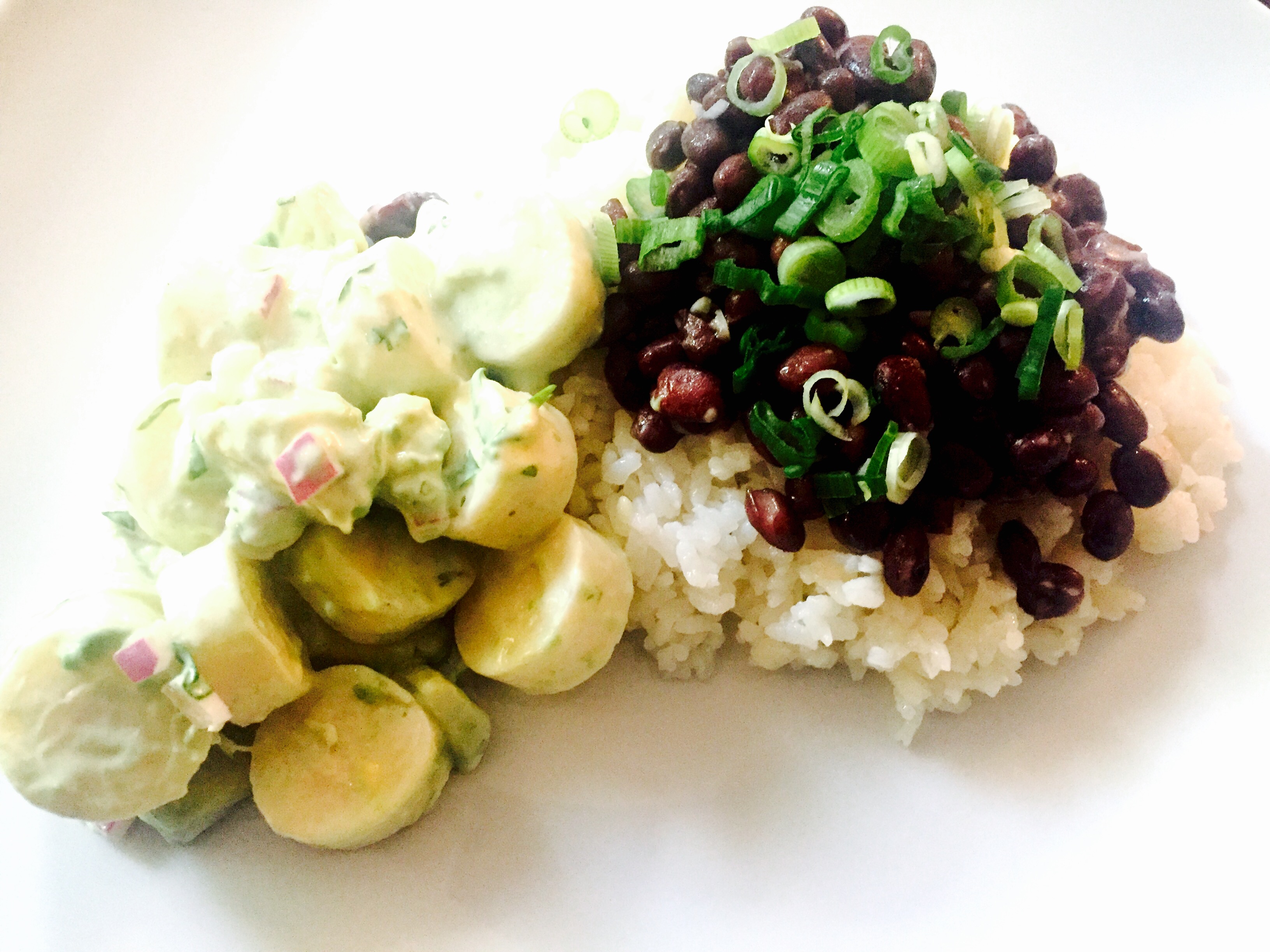 Brazilian rice and beans with hearts of palm & avocado salad
