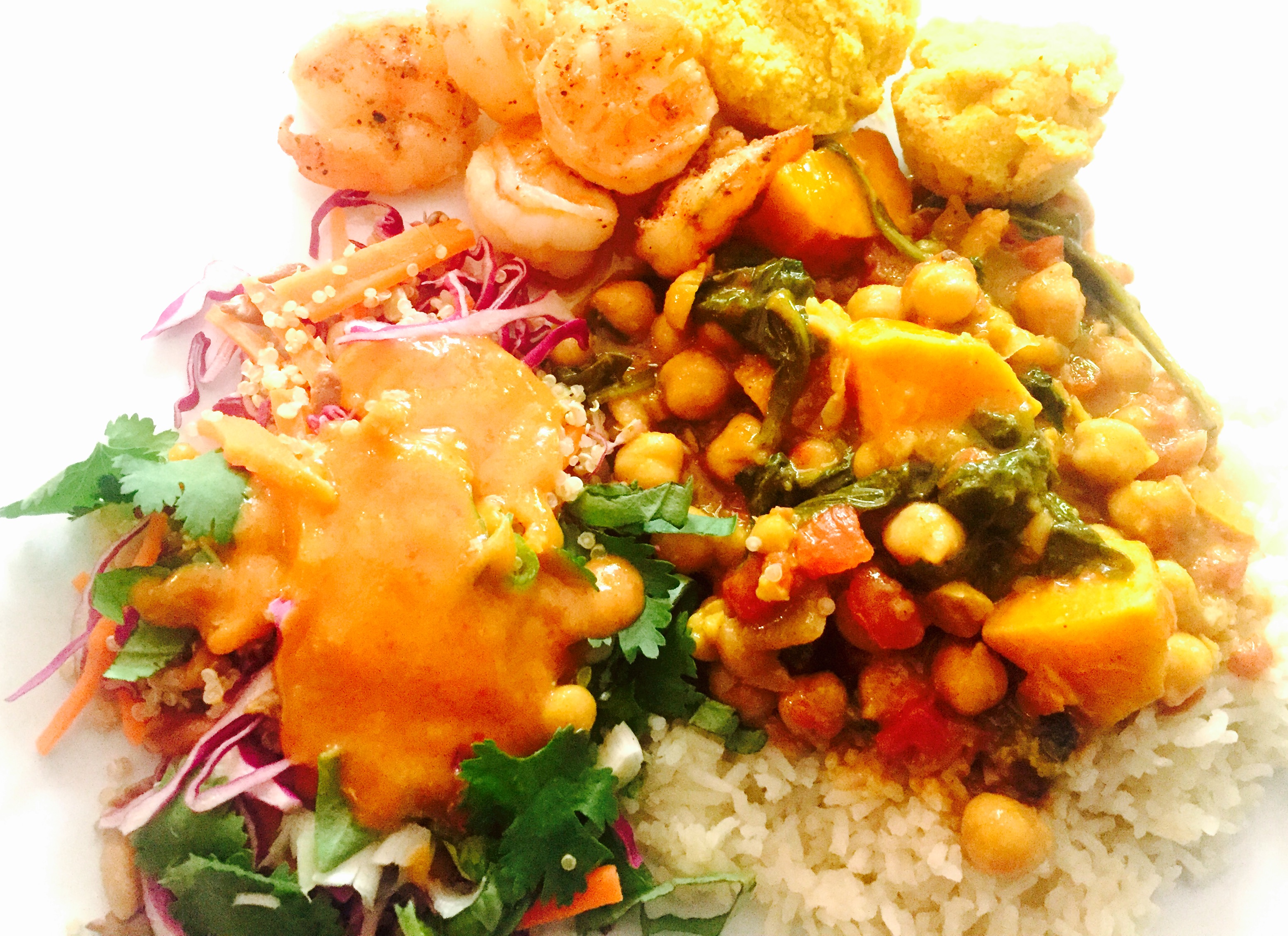 Thai quinoa salad with chickpea curry and sauteed shrimp