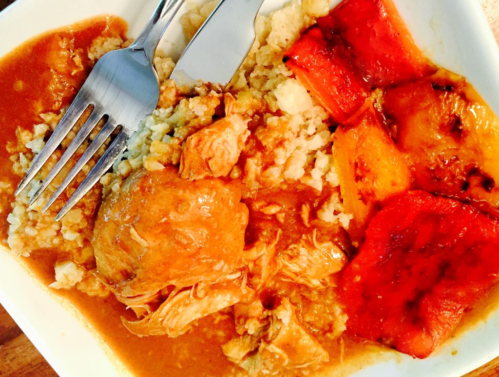 Romanian chicken paprikash on cauliflower rice with ardei copti salad