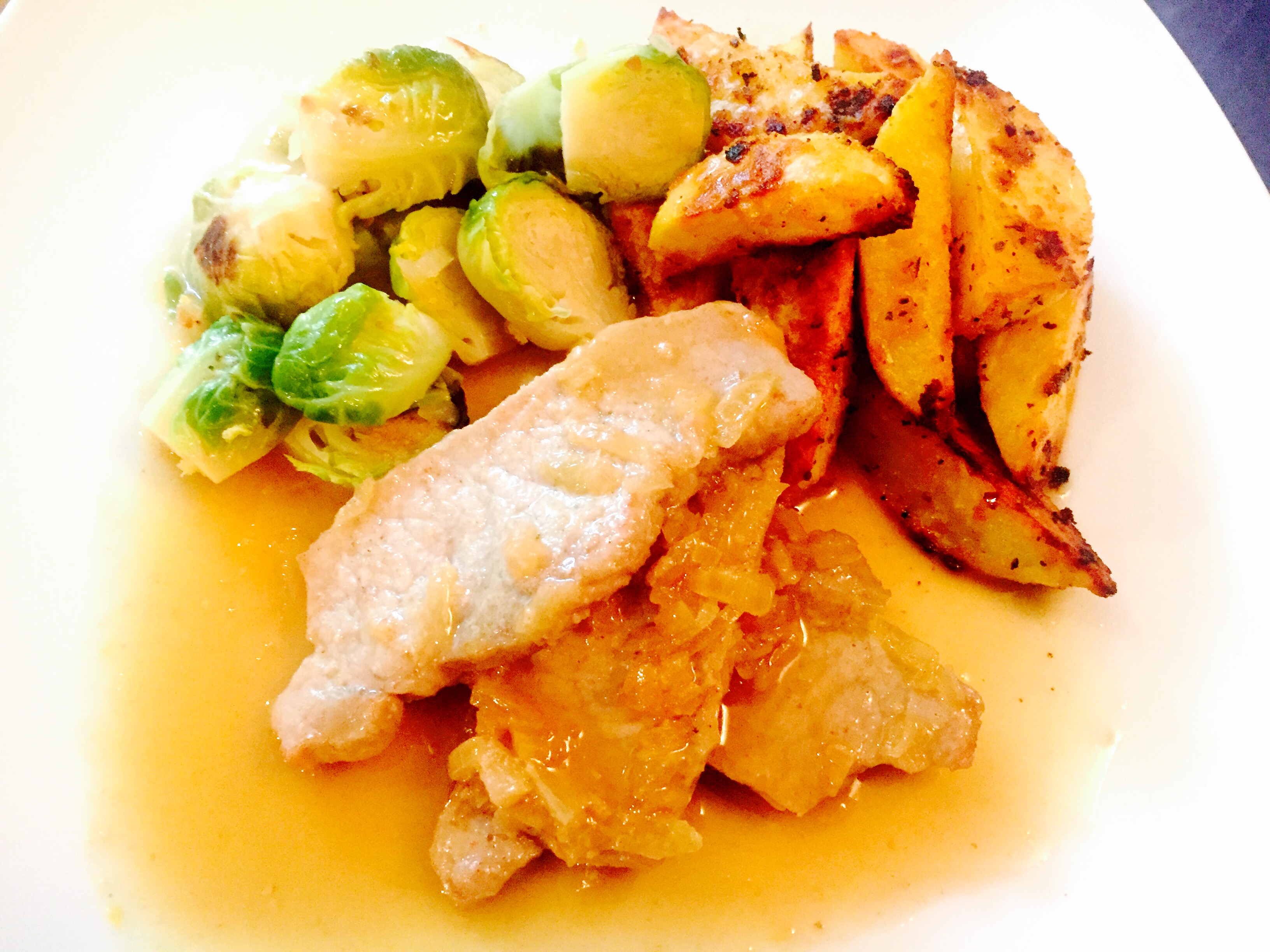 Braised Canadian maple mustard pork loin with tender sauteed brussel sprouts and delicious roasted home fries ... Happy Canada Day!!