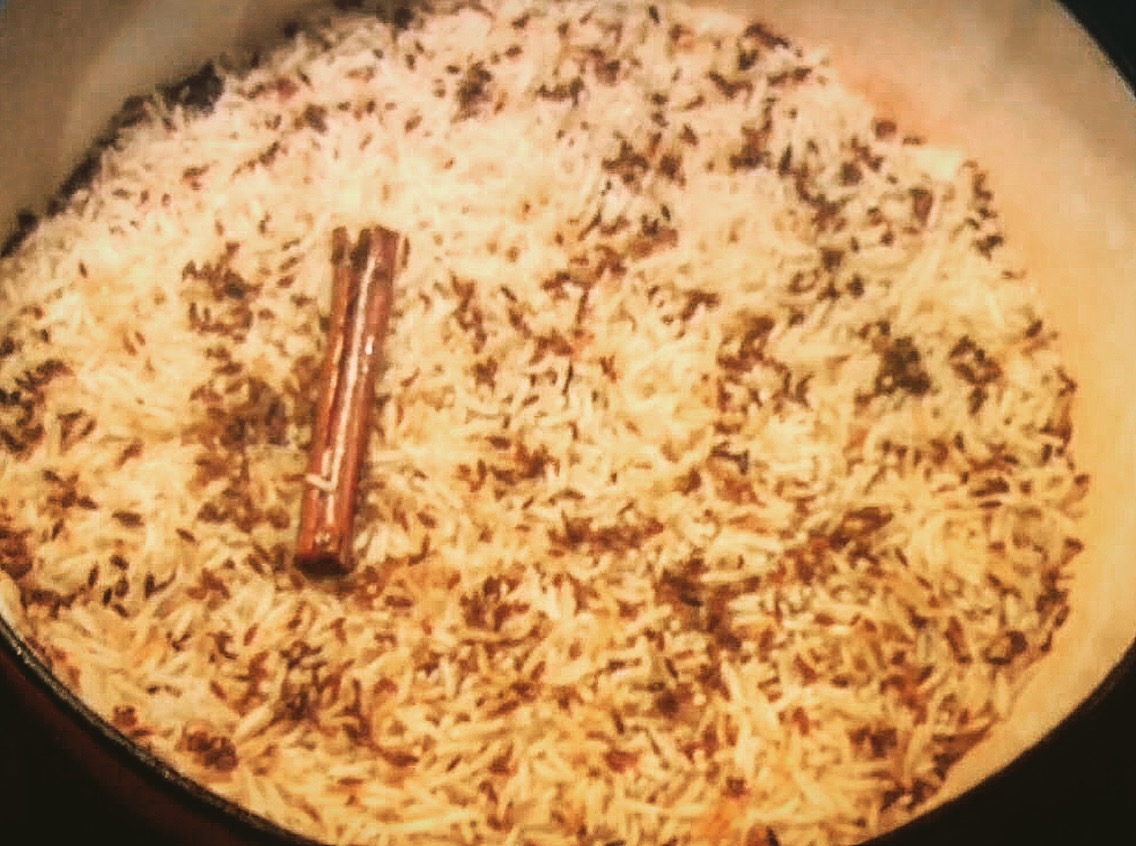 Toasted cumin basmati with cinnamon prepared in a heavy dutch oven ... perfect!