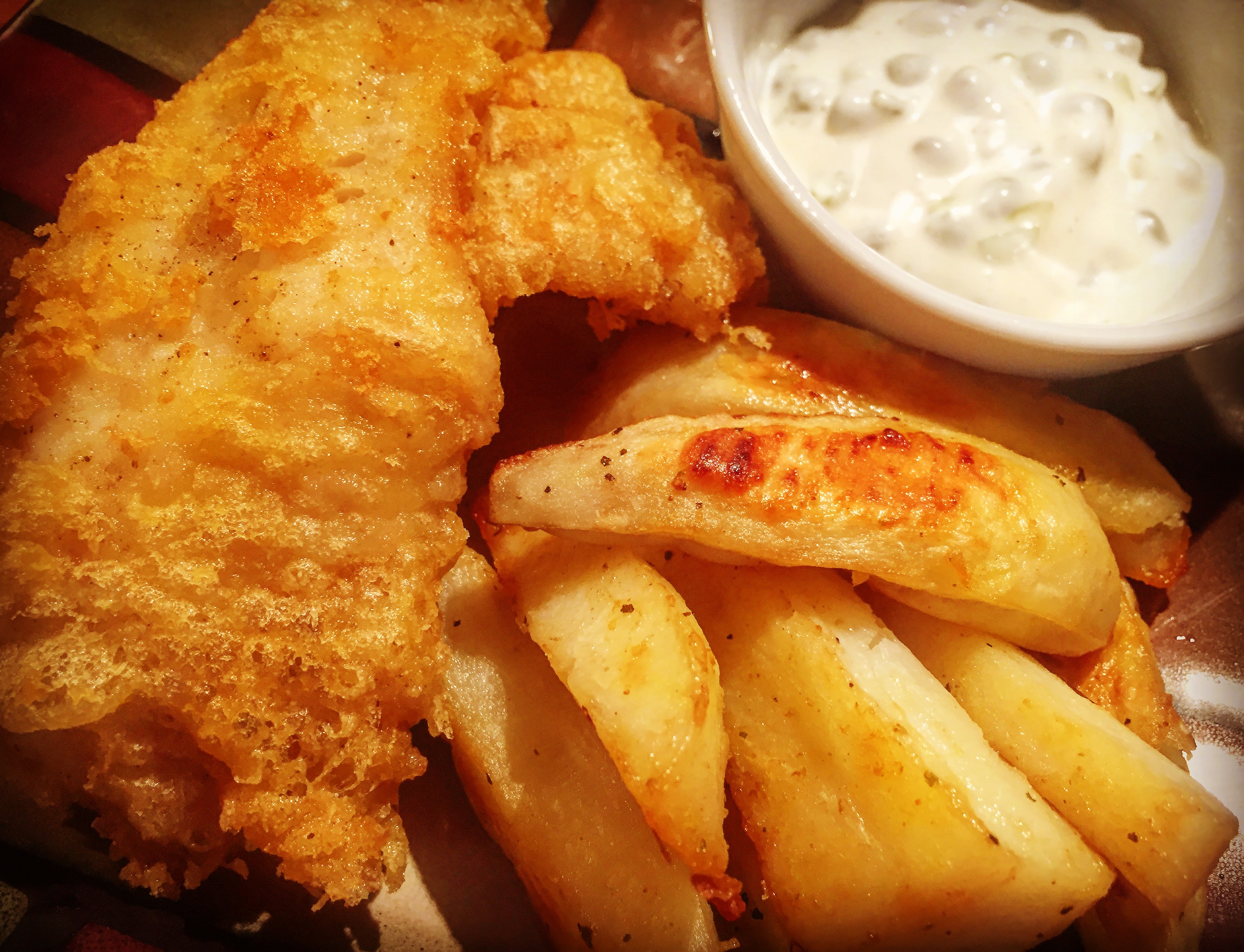Gluten free fish and chips with homemade dairy free tartar sauce