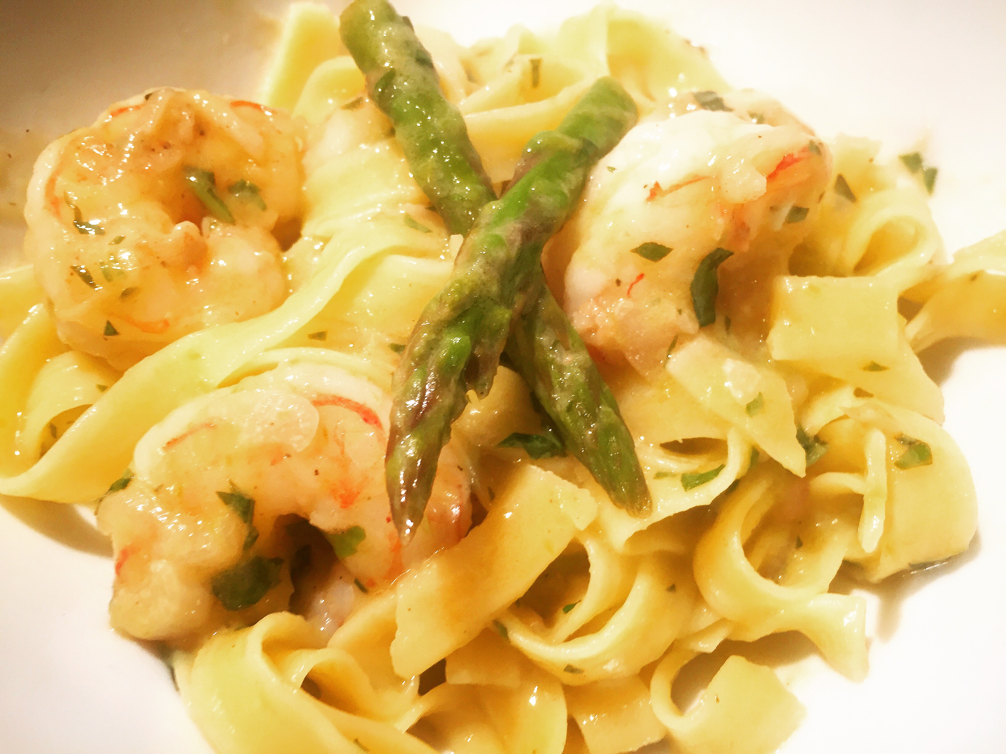 Dairy Free & Gluten Free Creamy Lemon Asparagus Pasta with Shrimp & Fresh Herbs